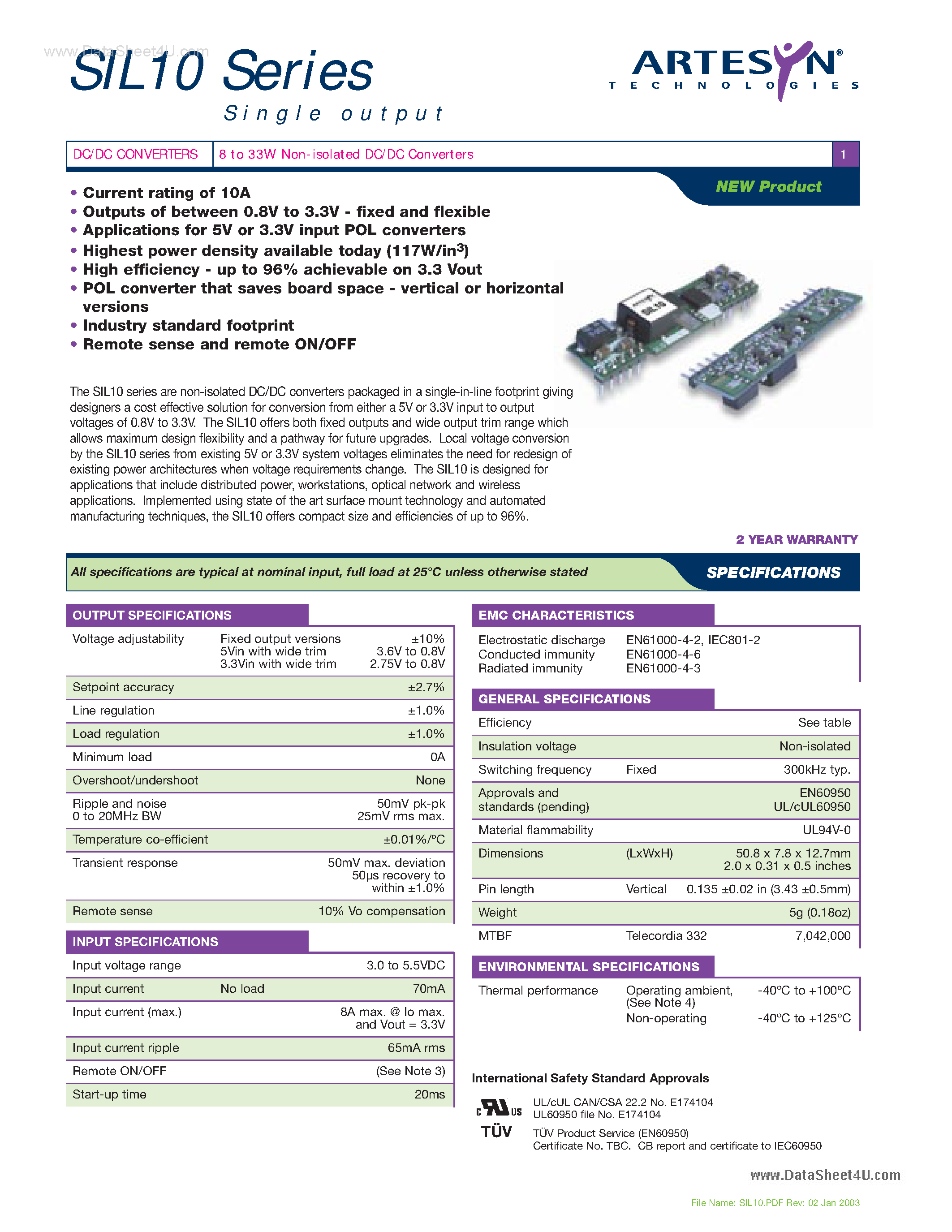 Даташит SIL10 - 8 to 33W Non-isolated DC/DC Converters страница 1