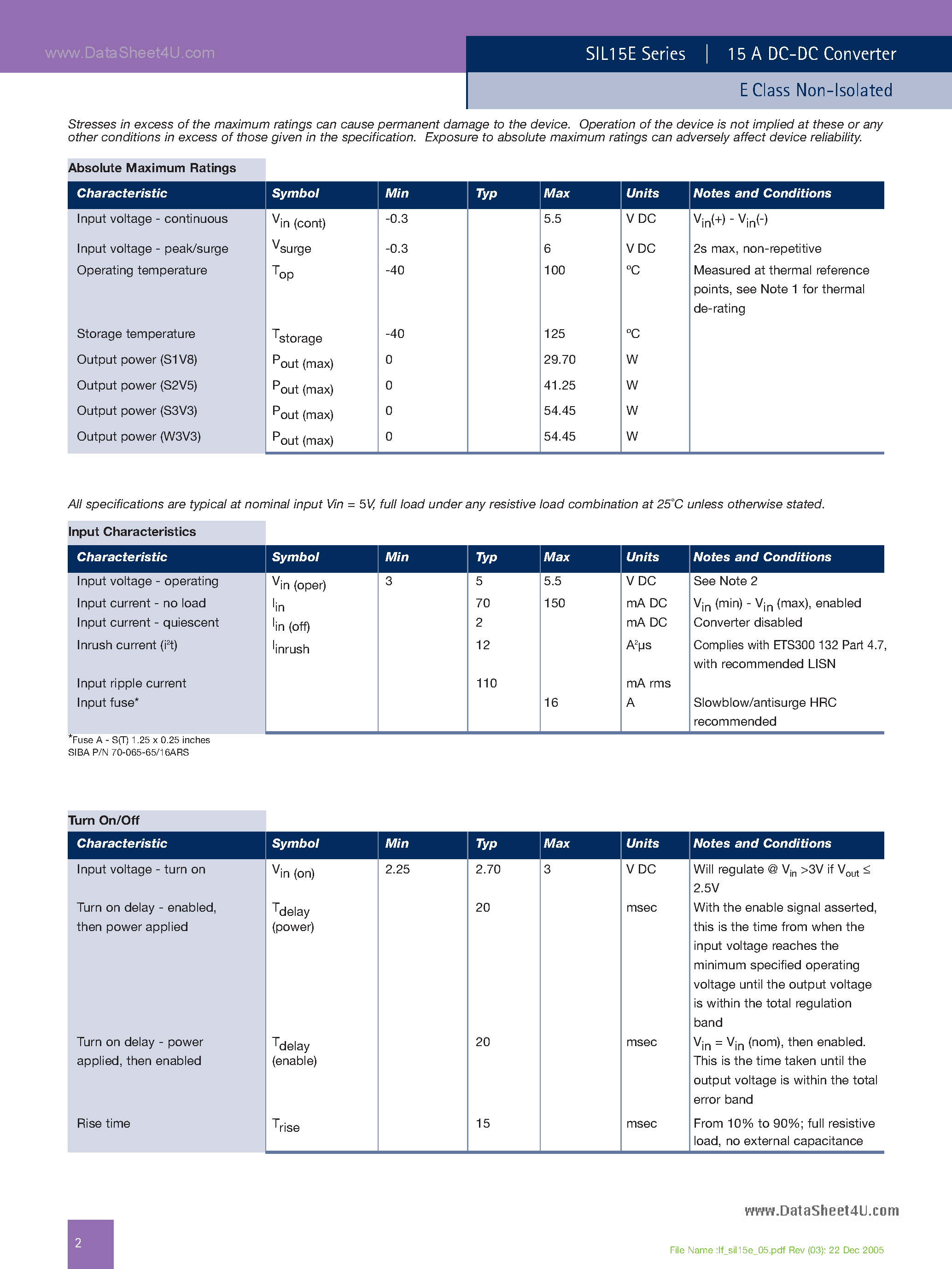 Datasheet SIL15E page 2 Datasheet SIL15E - 3.0 Vin to 5.5 Vin Single output page 2