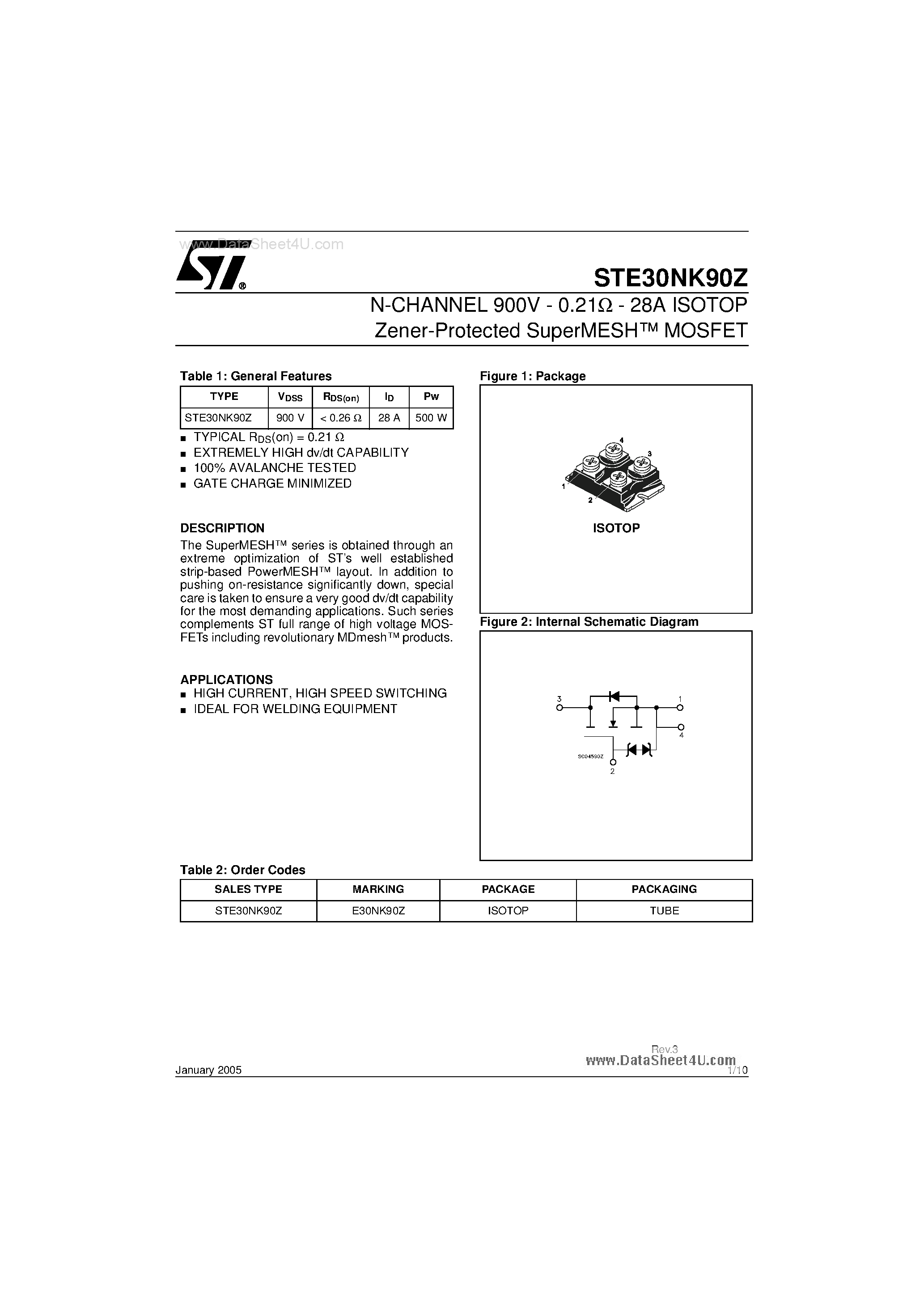 Datasheet STE30NK90Z - N-CHANNEL MOSFET page 1