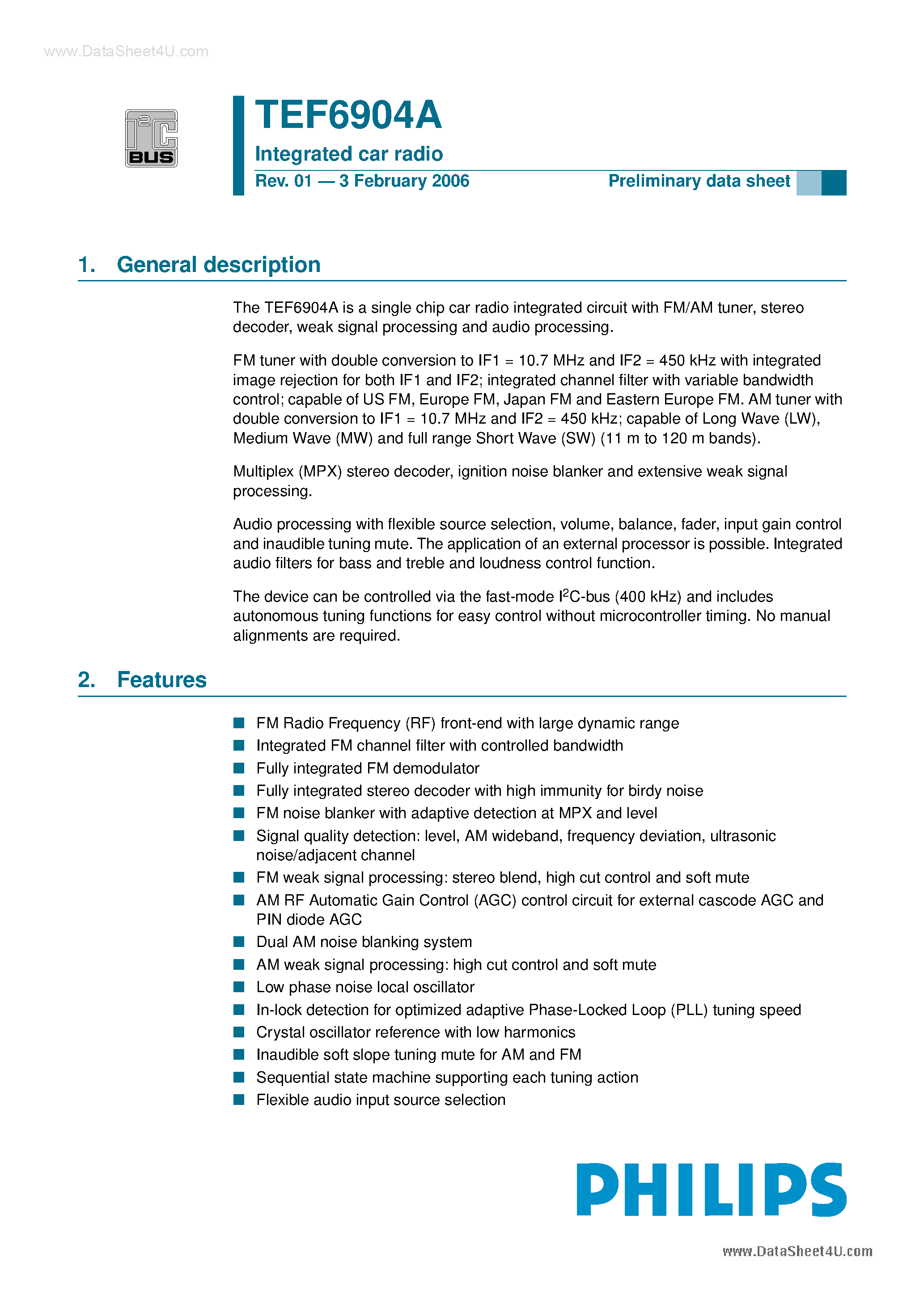 Datasheet TEF6904A - a single chip car radio integrated circuit page 1