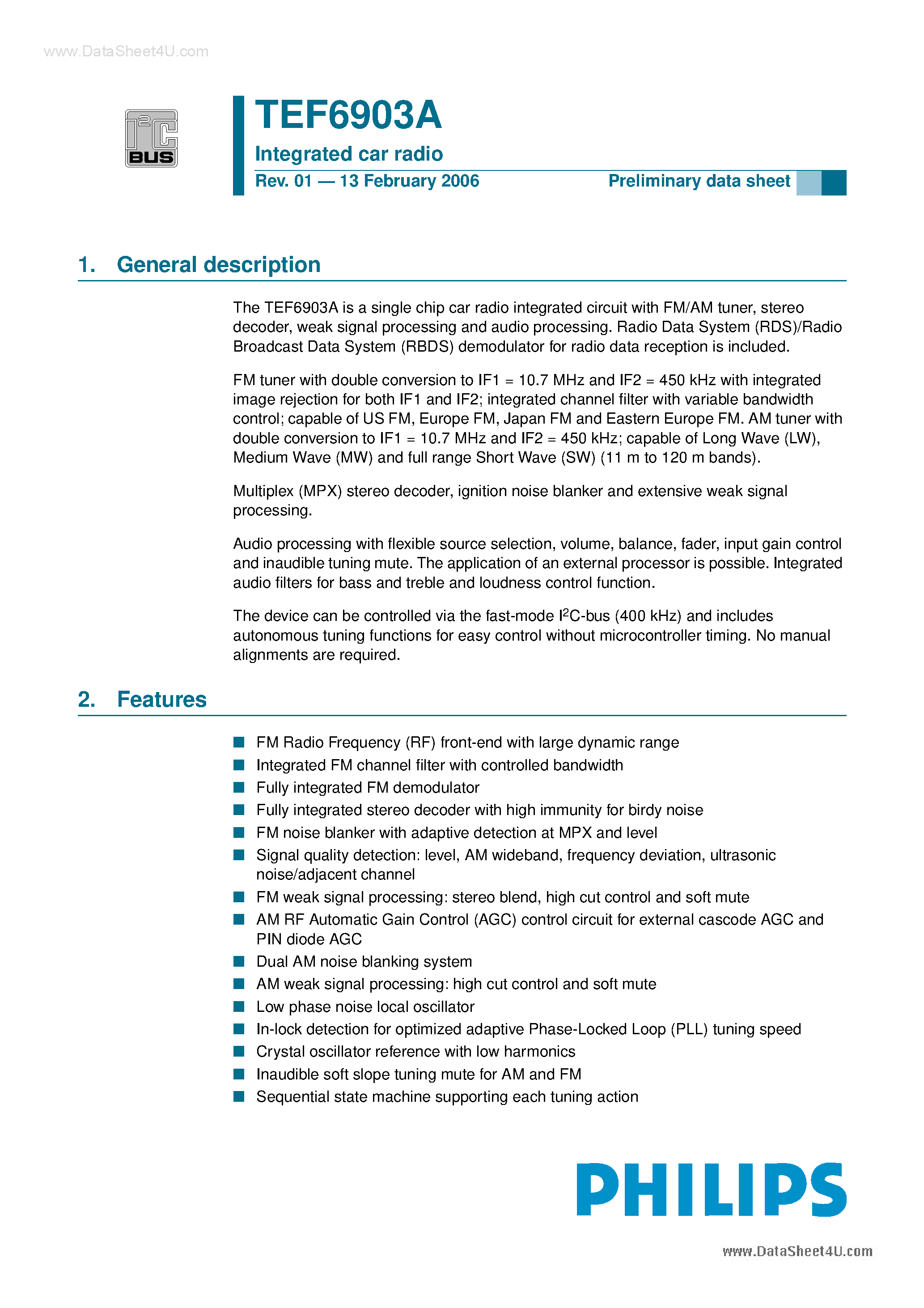 Datasheet TEF6903A - a single chip car radio integrated circuit page 1