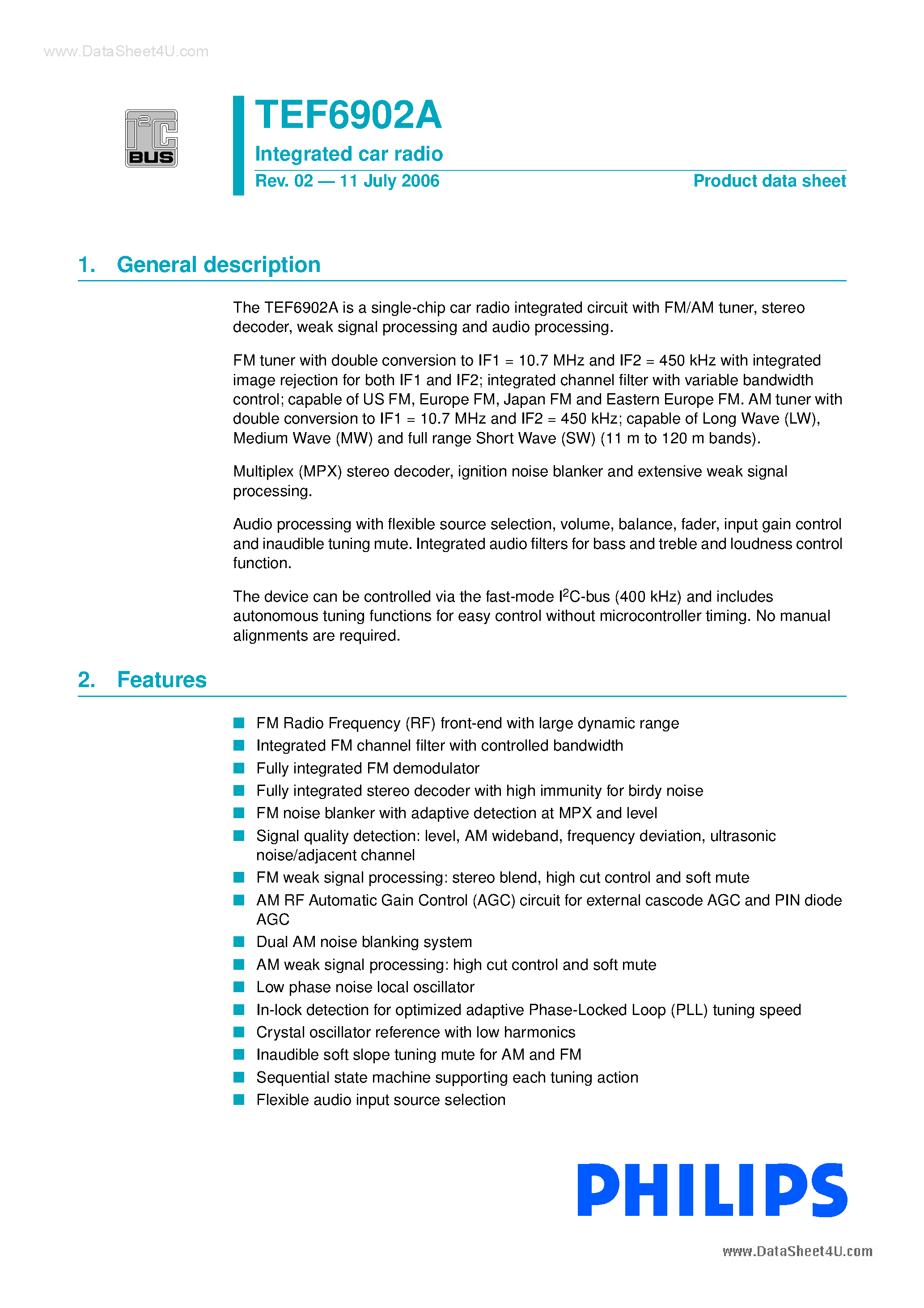 Datasheet TEF6902A - a single chip car radio integrated circuit page 1