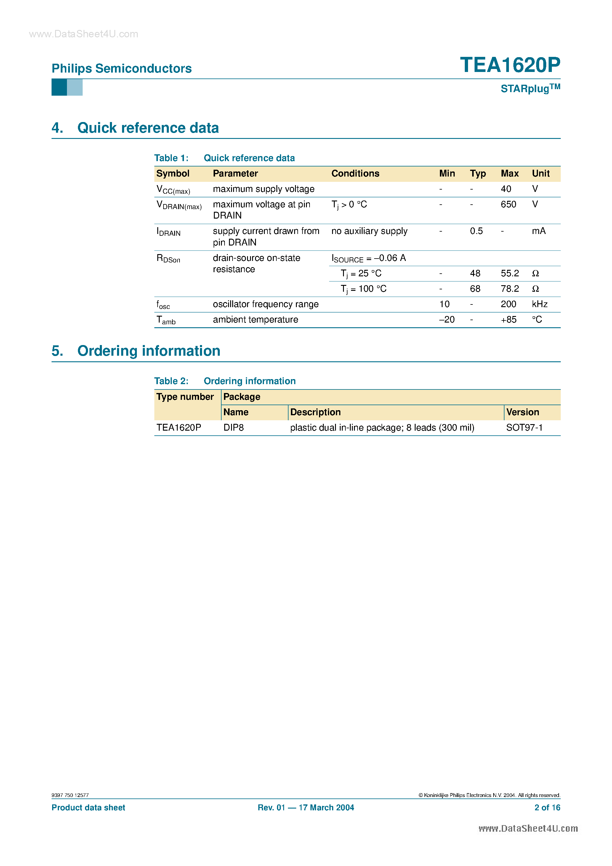 Даташит TEA1620P - STARplug страница 2