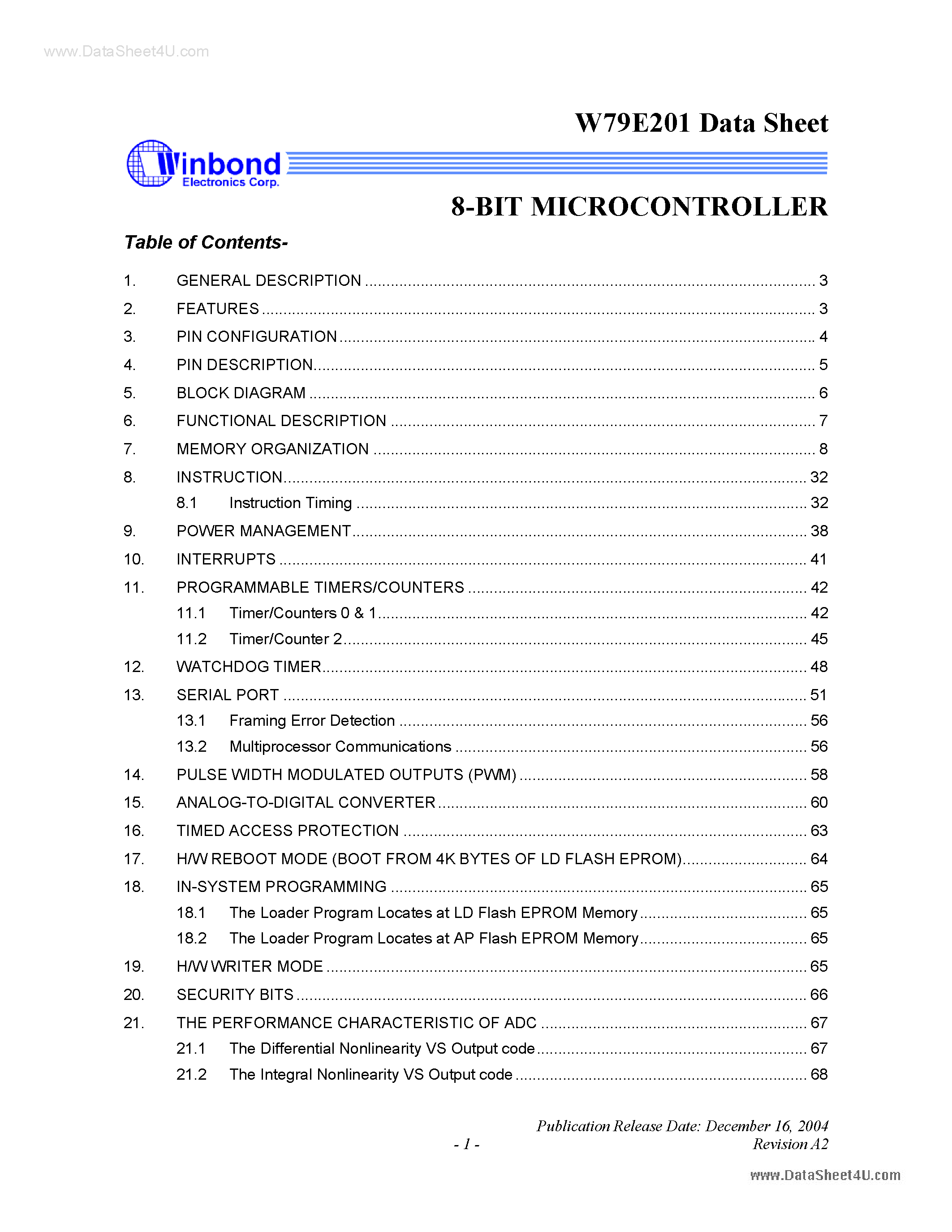 Даташит на микросхему W79E201 страница 1 Даташит W79E201 - 8-BIT MICROCONTROLLER страница 1