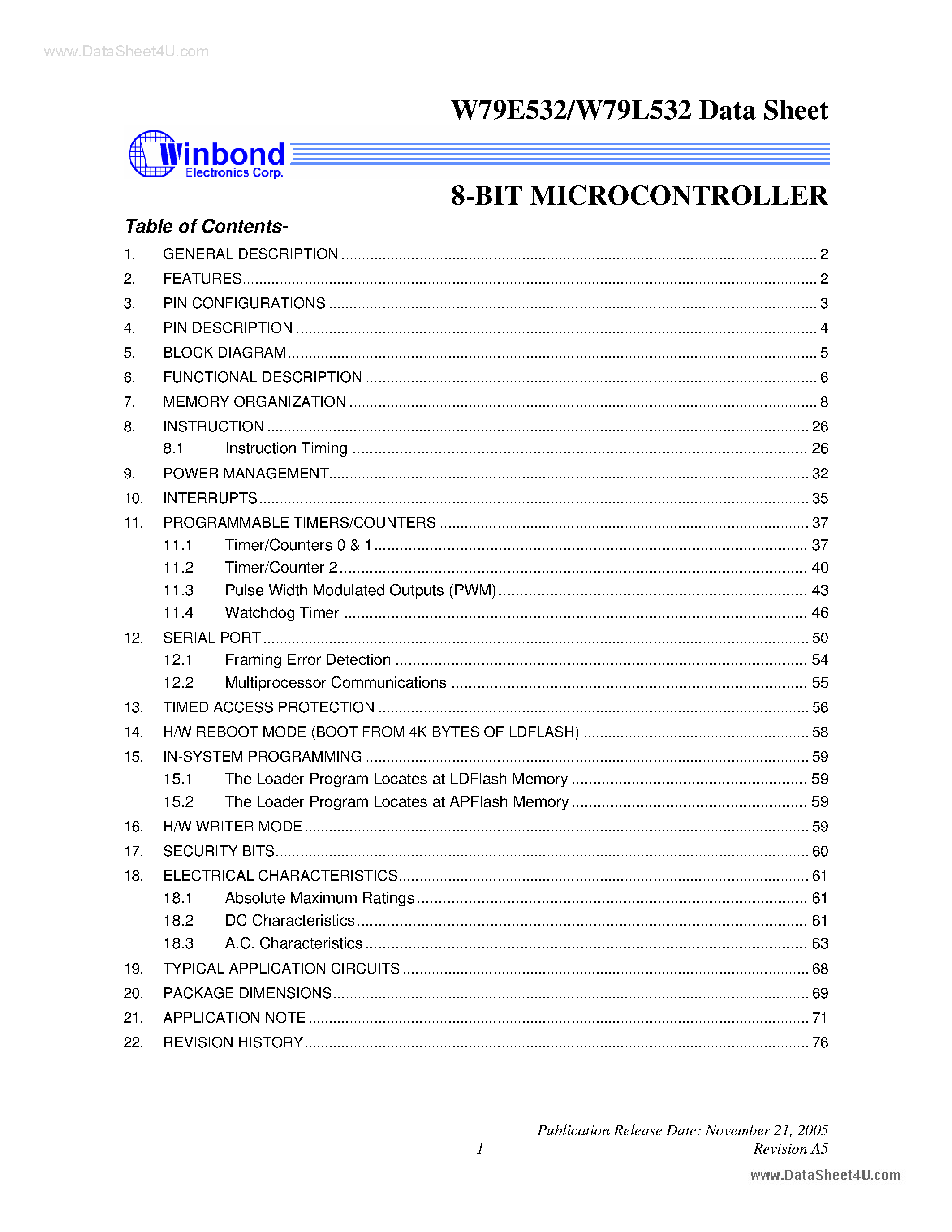 Datasheet W79E532 - 8-BIT MICROCONTROLLER page 1