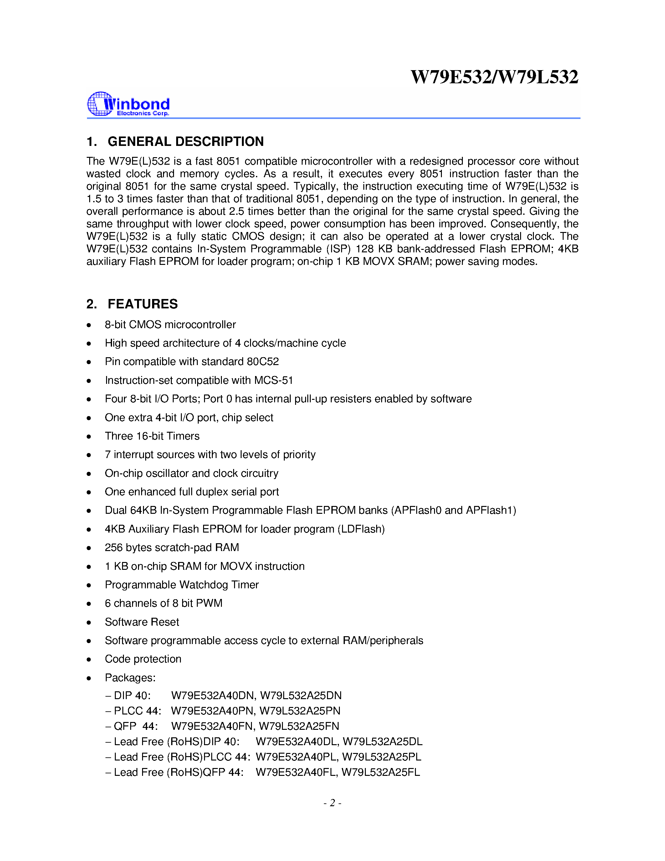 Datasheet W79E532 - 8-BIT MICROCONTROLLER page 2