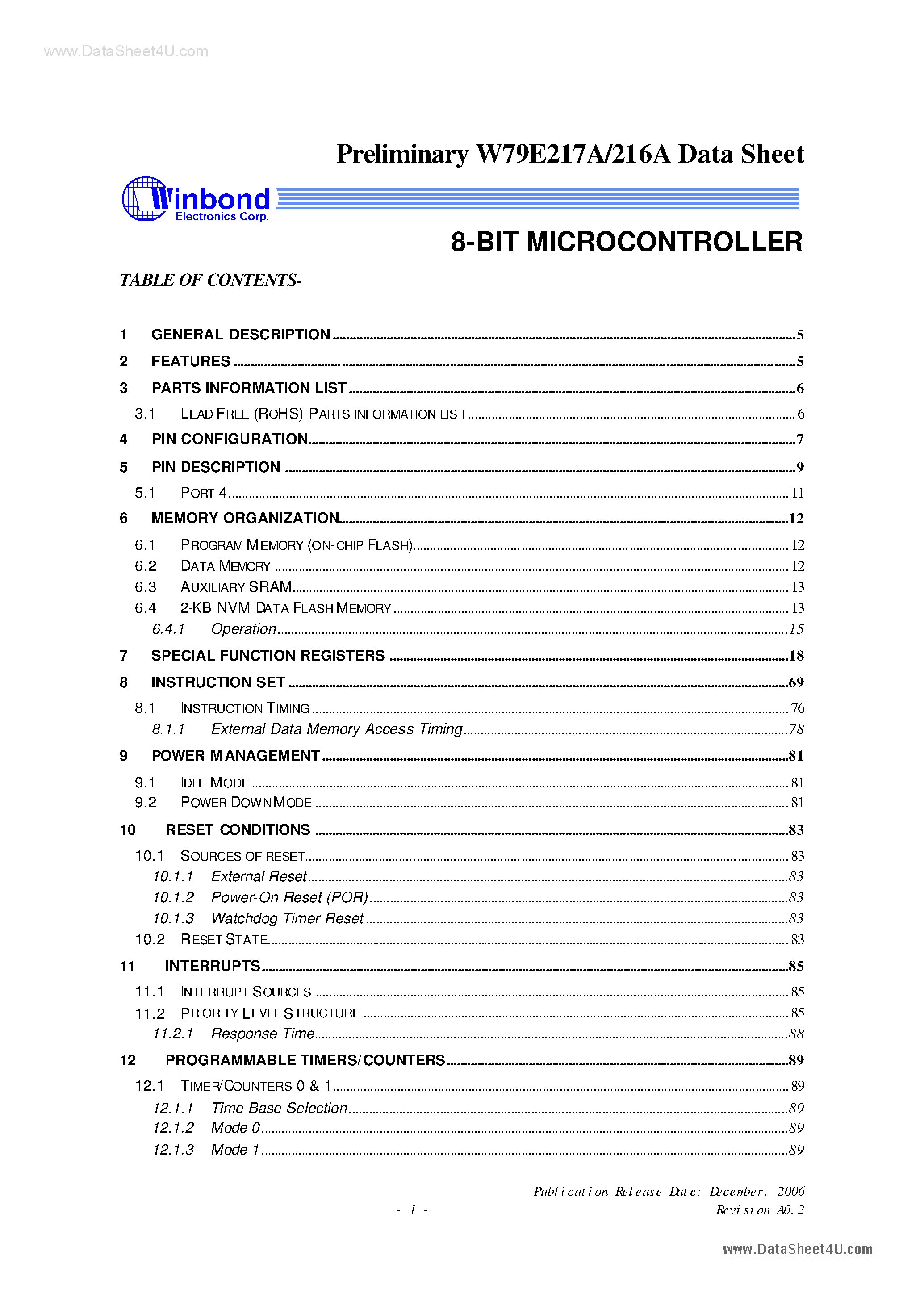 Datasheet W79E216A - (W79E216A / W79E217A) 8-BIT MICROCONTROLLER page 1