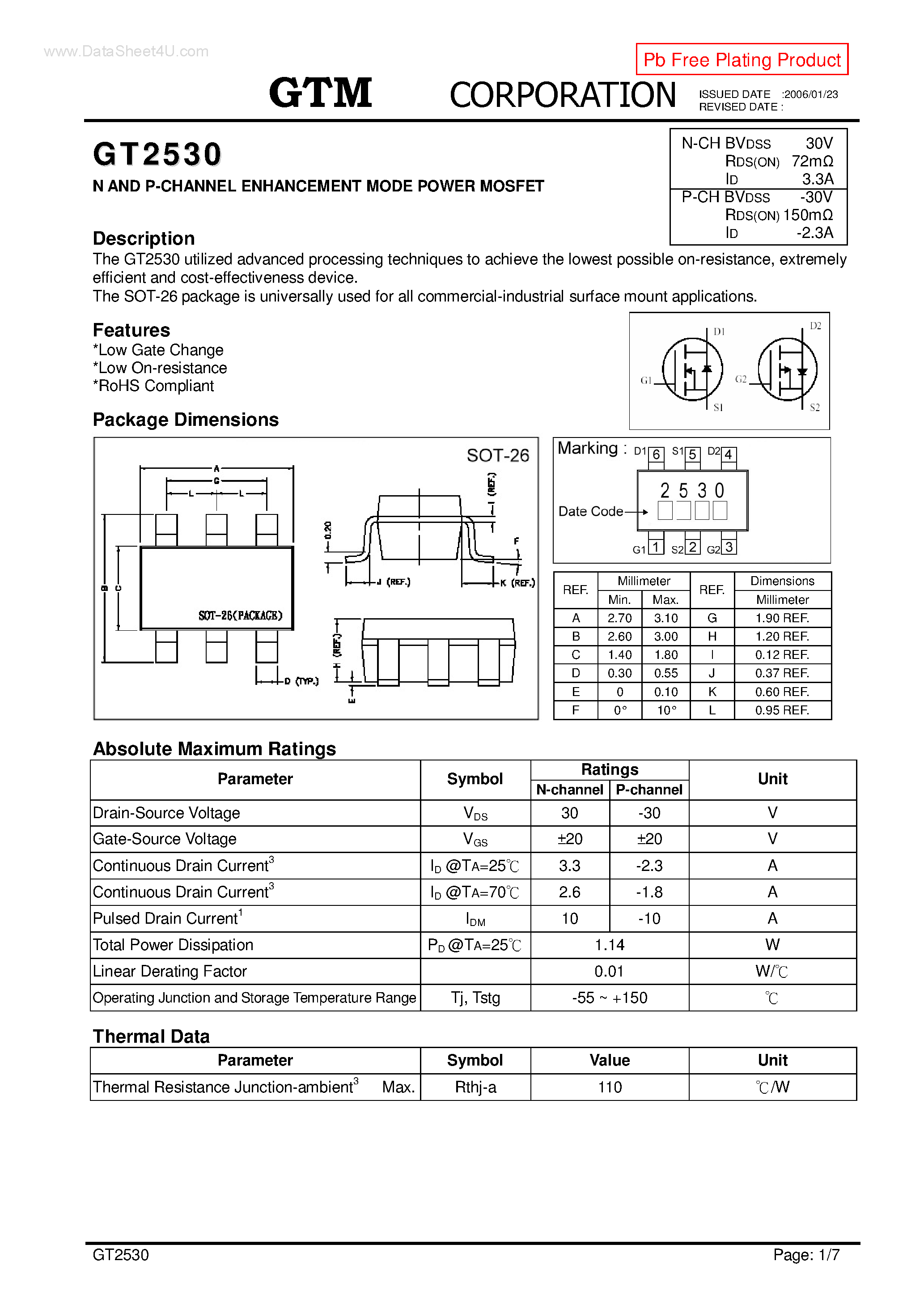 Datasheet GT2530 page 1 Datasheet GT2530 - N AND P-CHANNEL ENHANCEMENT MODE POWER MOSFET page 1