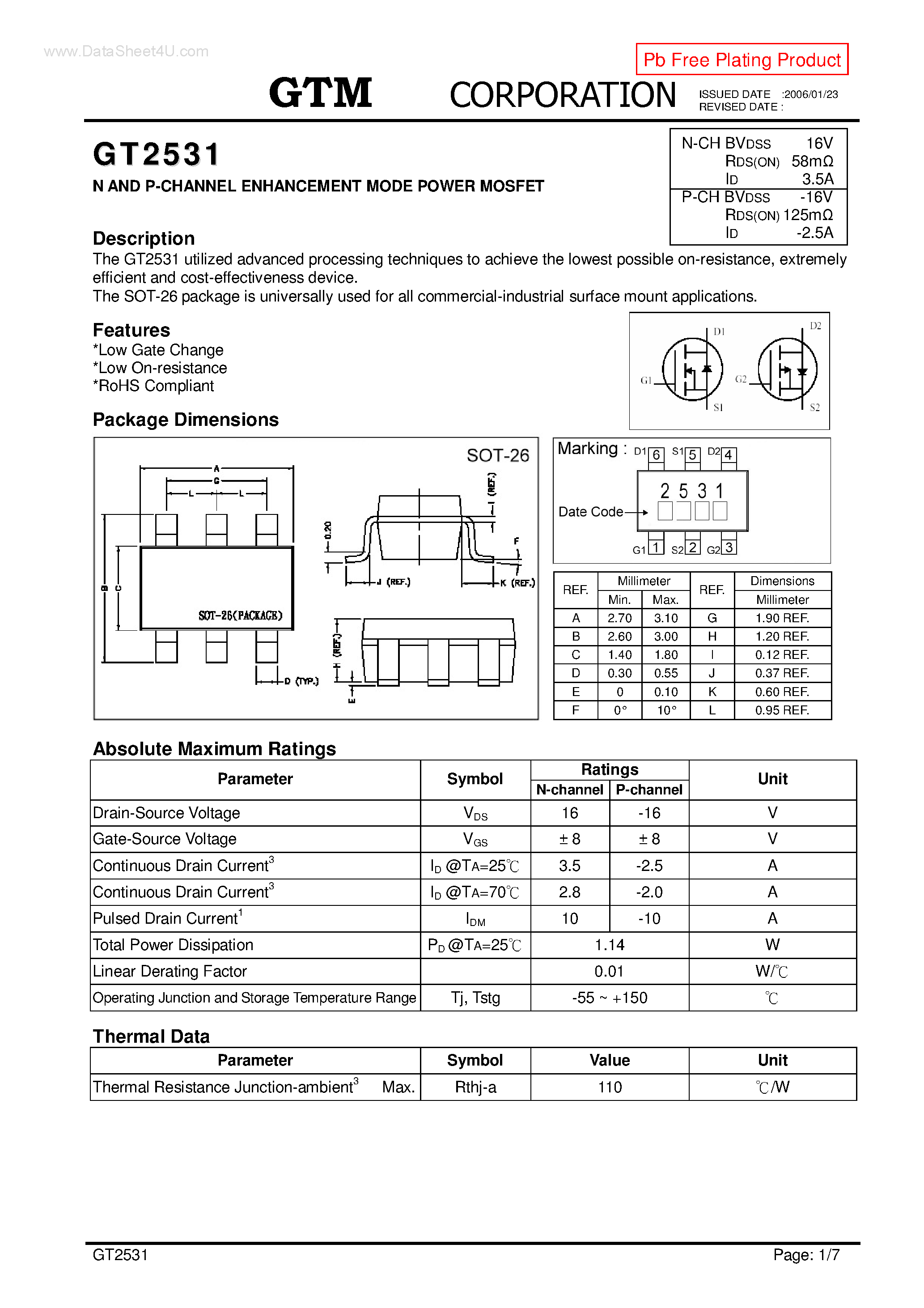 Datasheet GT2531 page 1 Datasheet GT2531 - N AND P-CHANNEL ENHANCEMENT MODE POWER MOSFET page 1