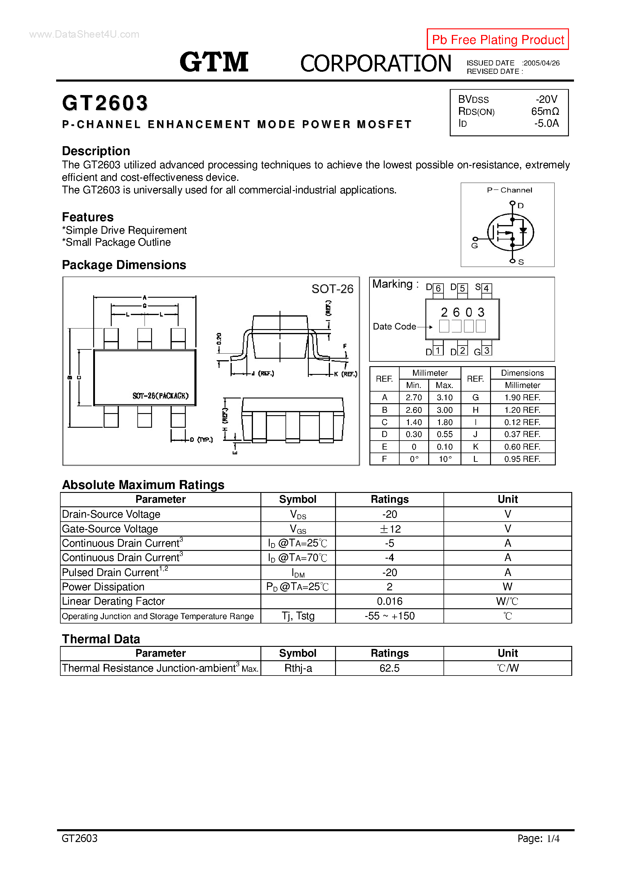 Datasheet GT2603 page 1 Datasheet GT2603 - P-CHANNEL ENHANCEMENT MODE POWER MOSFET page 1