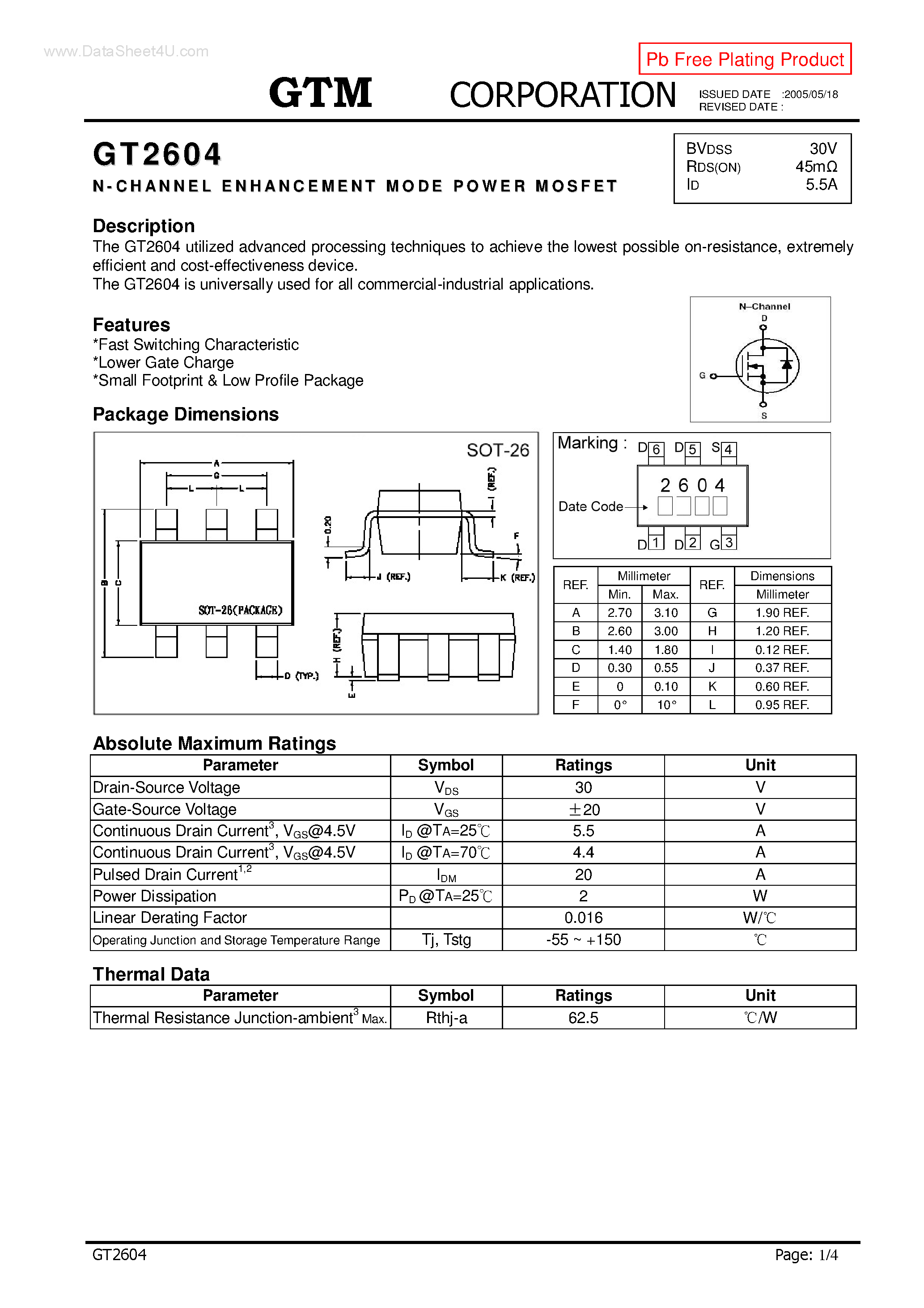 Datasheet GT2604 page 1 Datasheet GT2604 - N-CHANNEL ENHANCEMENT MODE POWER MOSFET page 1