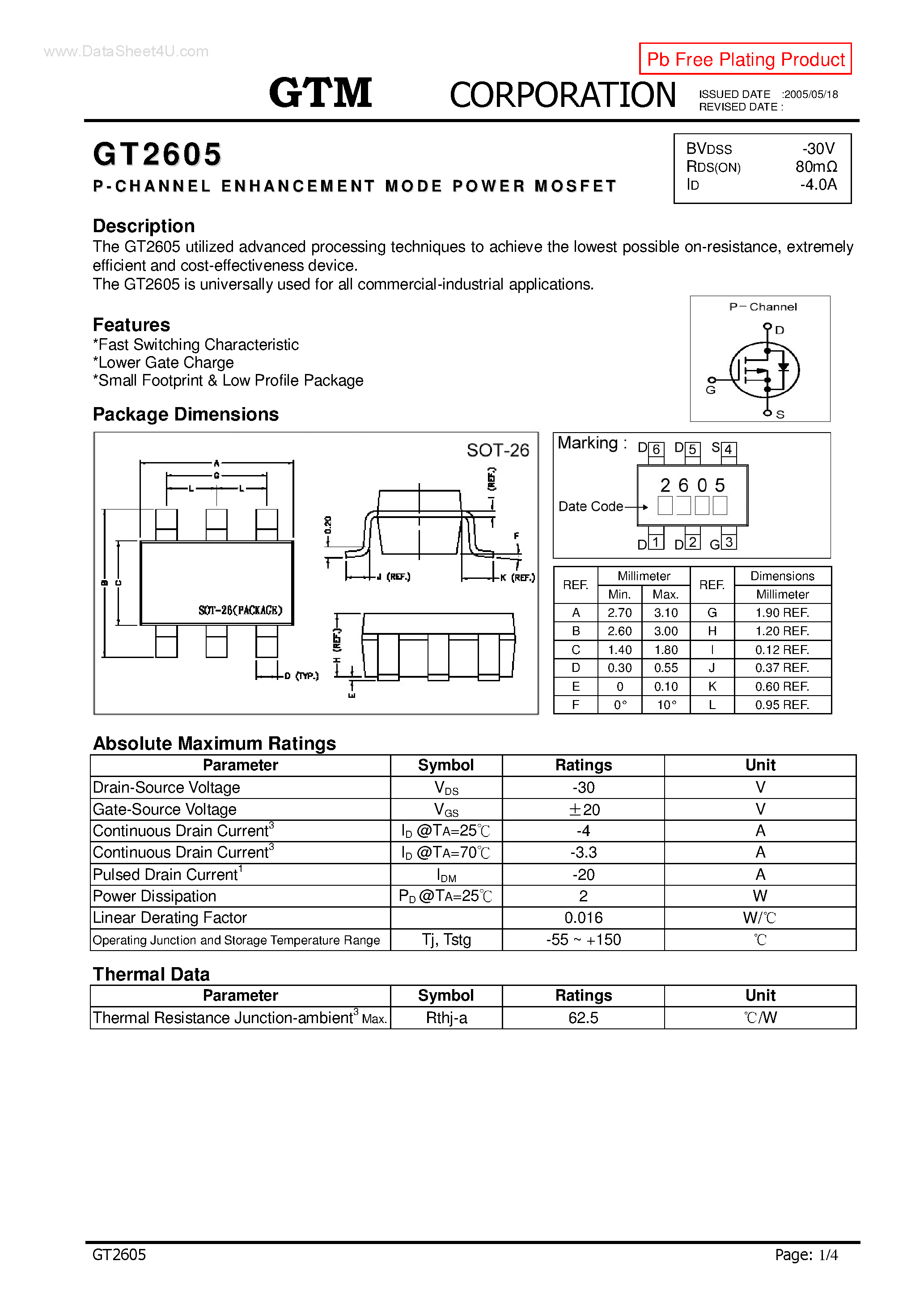 Datasheet GT2605 - P-CHANNEL ENHANCEMENT MODE POWER MOSFET page 1