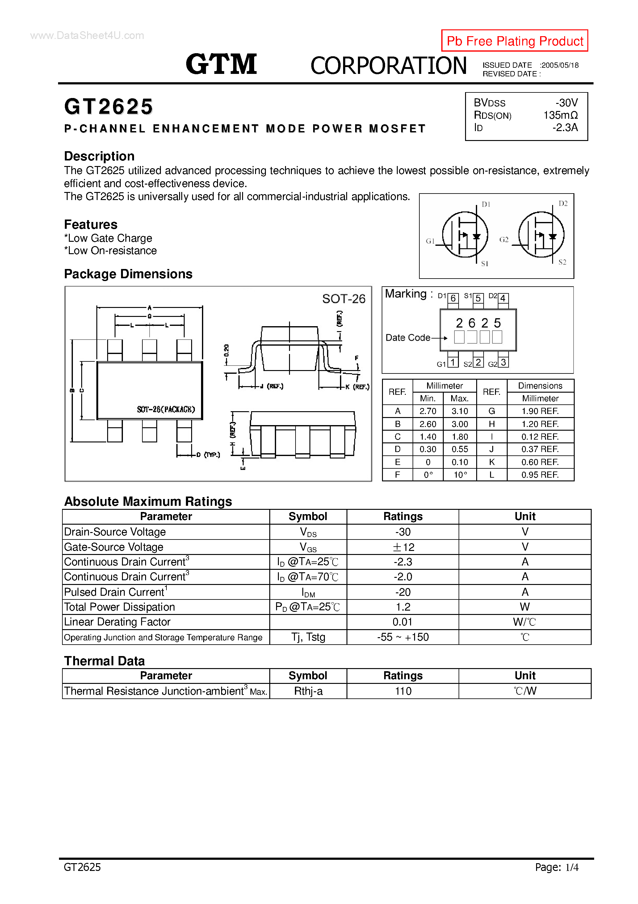 Datasheet GT2625 - P-CHANNEL ENHANCEMENT MODE POWER MOSFET page 1