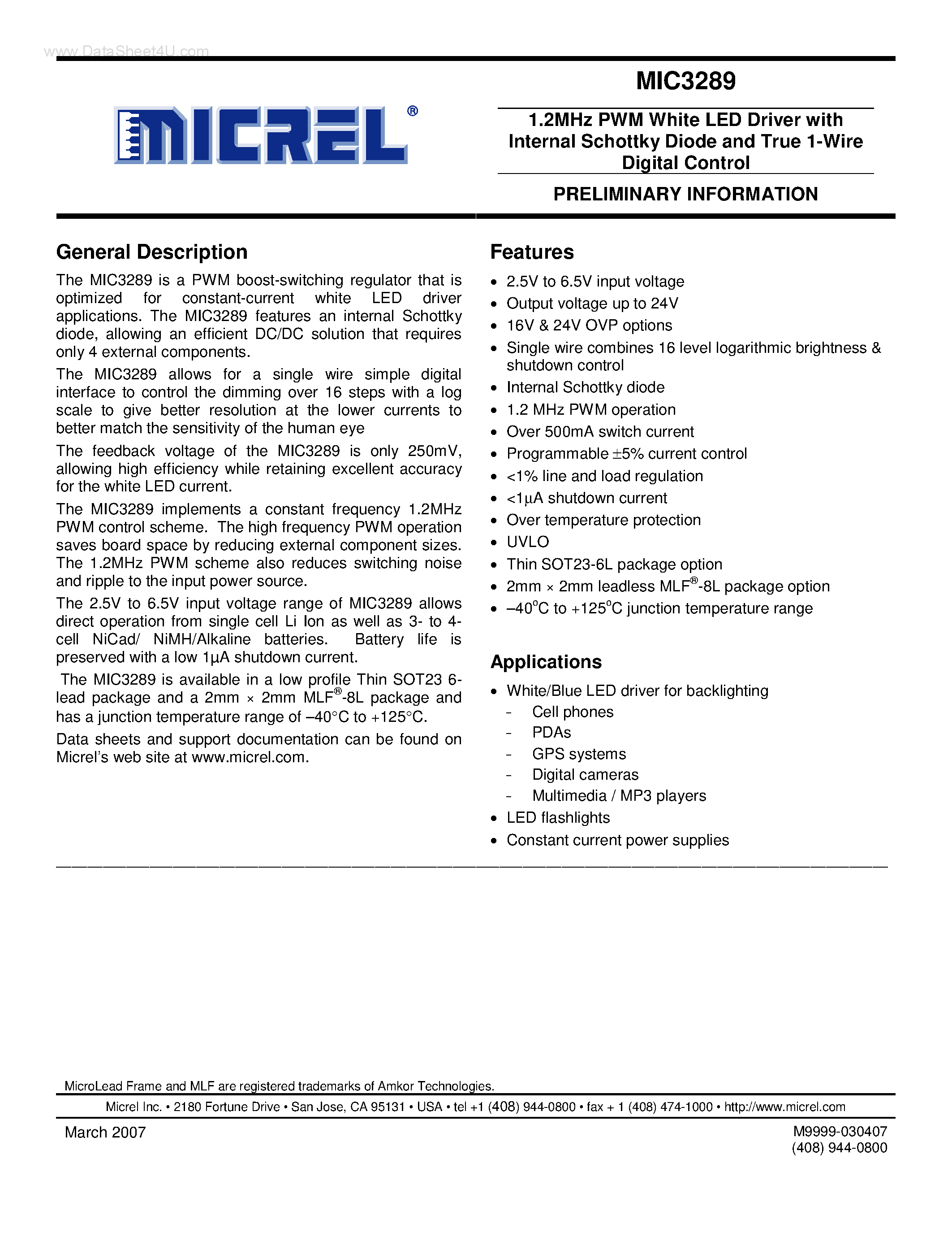Datasheet MIC3289 - 1.2MHz PWM White LED Driver page 1