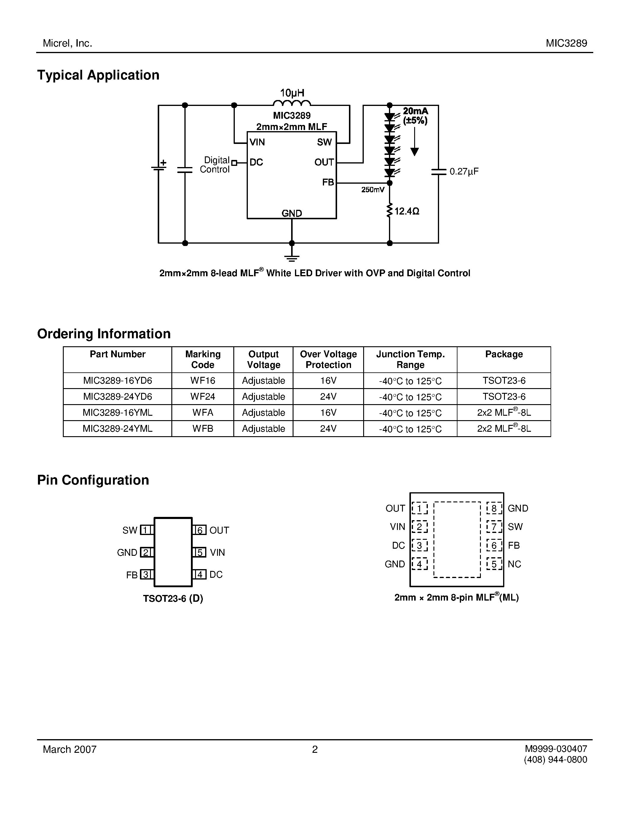 Datasheet MIC3289 - 1.2MHz PWM White LED Driver page 2