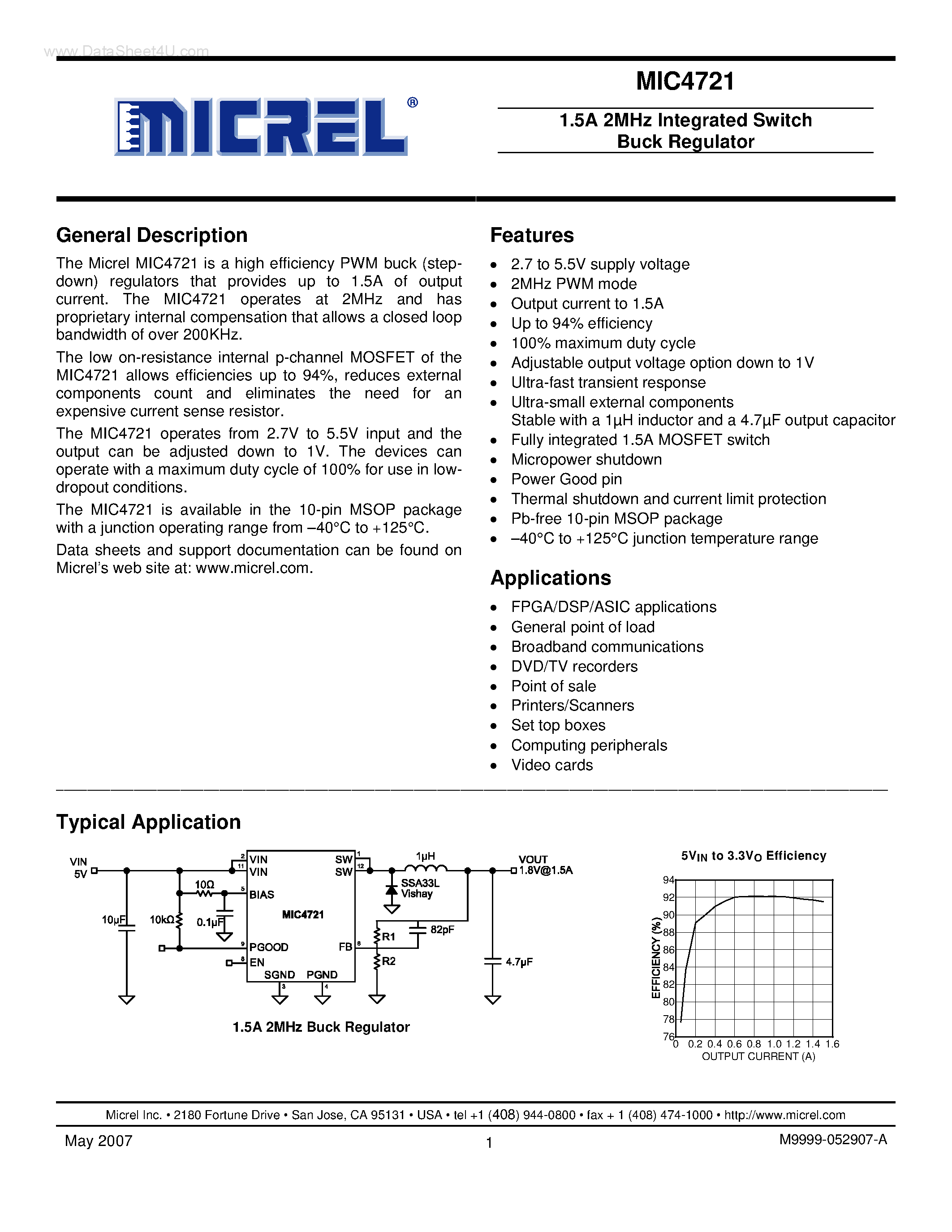 Datasheet MIC4721 page 1 Datasheet MIC4721 - Integrated Switch Buck Regulator page 1