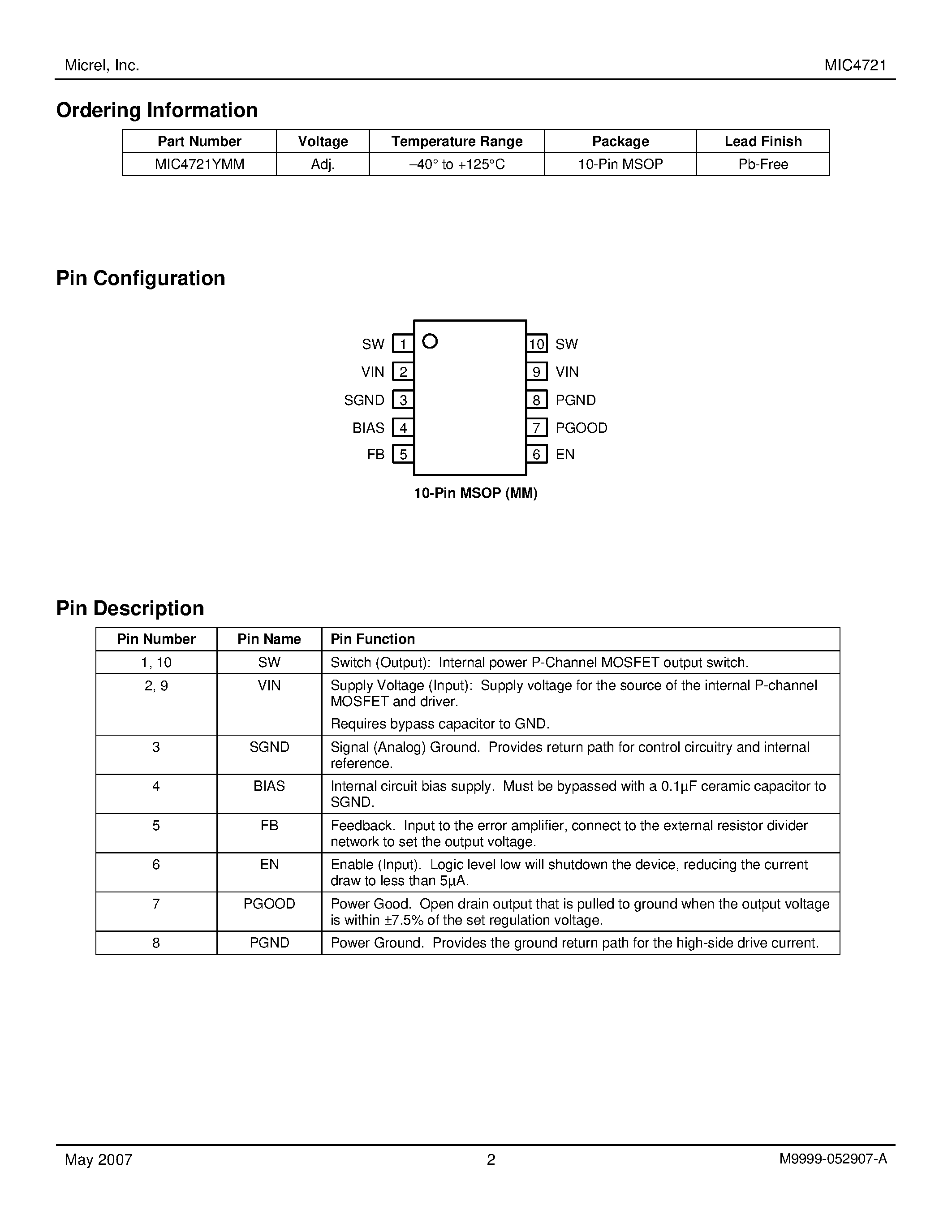 Datasheet MIC4721 page 2 Datasheet MIC4721 - Integrated Switch Buck Regulator page 2