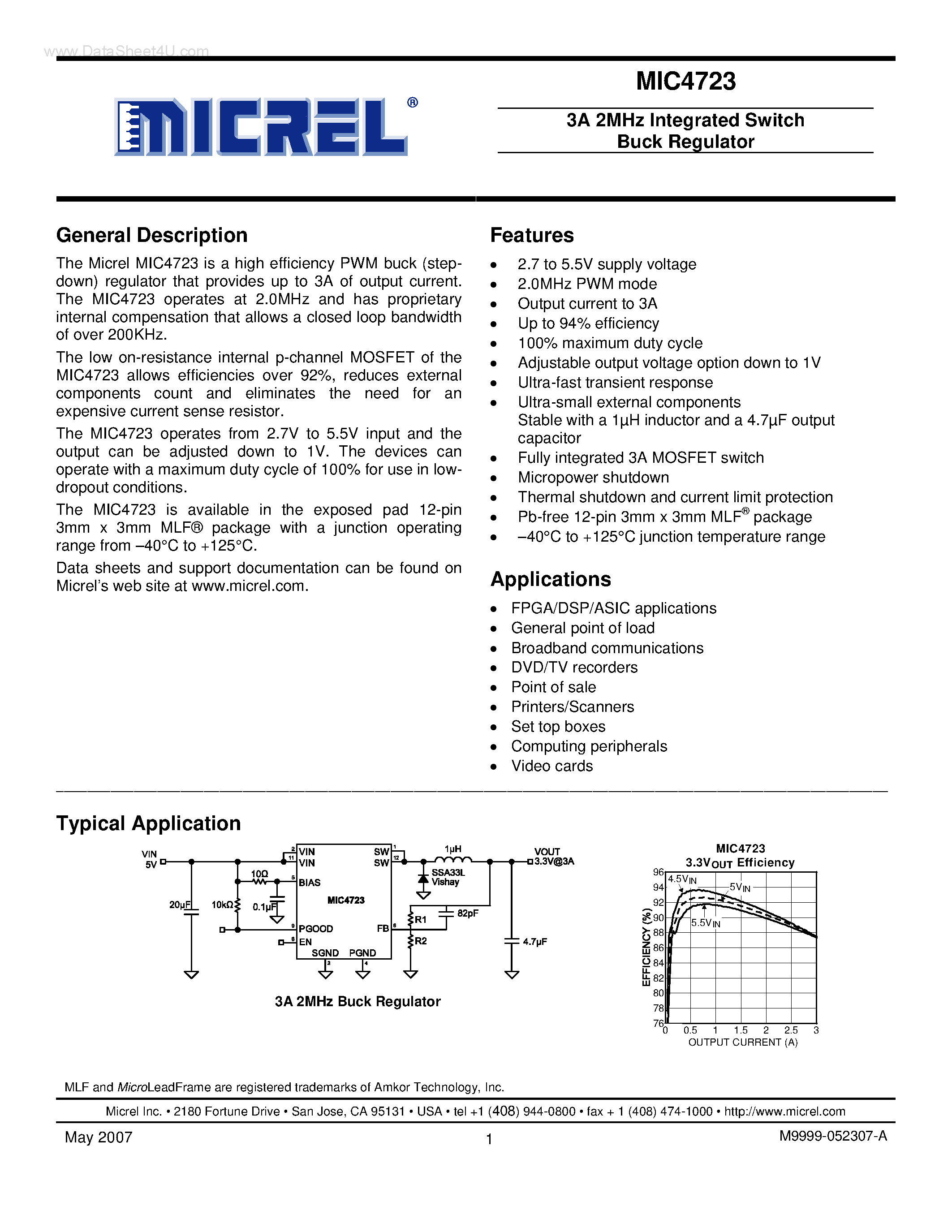 Datasheet MIC4723 page 1 Datasheet MIC4723 - Integrated Switch Buck Regulator page 1