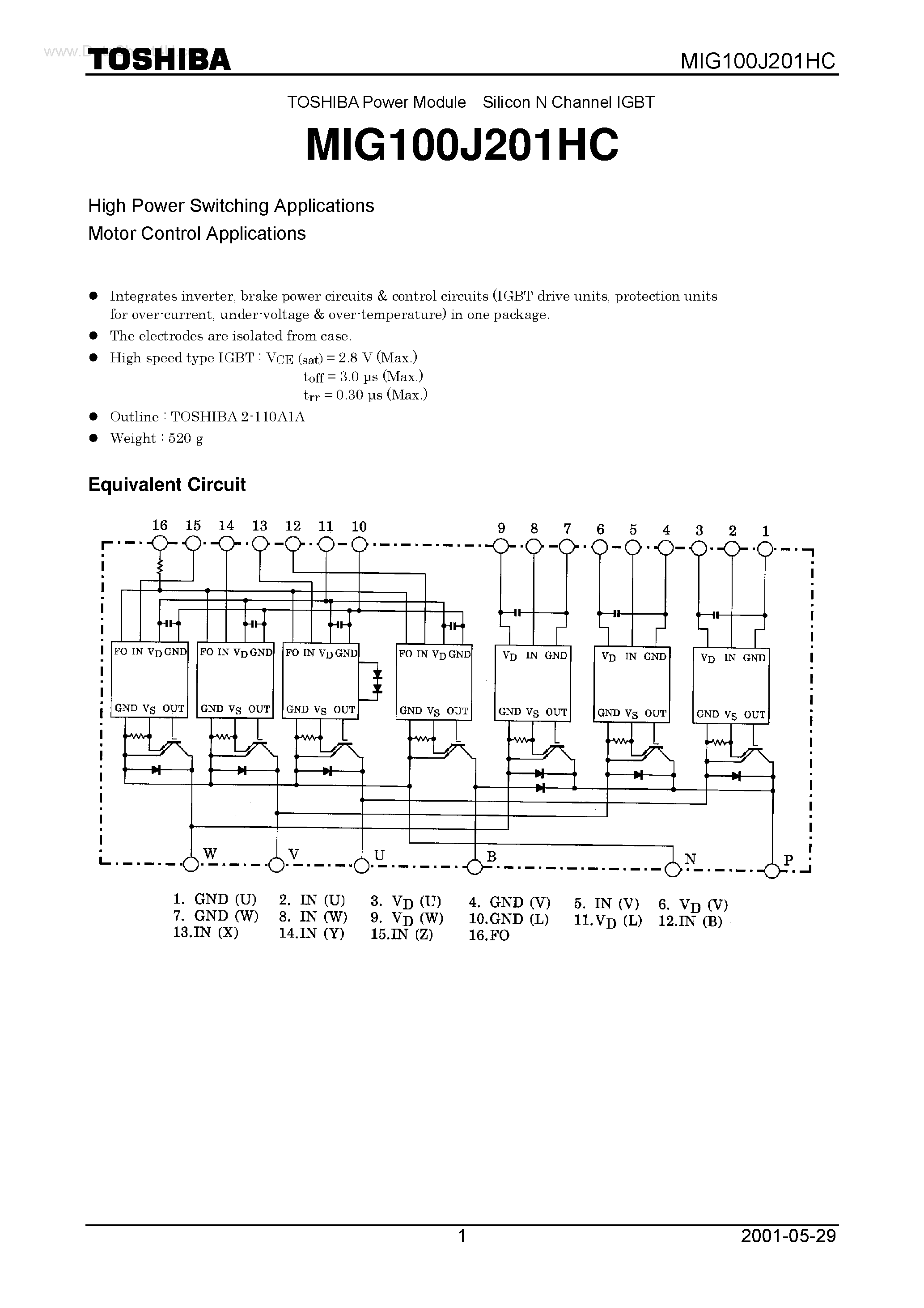 Datasheet MIG100J201HC page 1 Datasheet MIG100J201HC - High Power Switching Applications Motor Control Applications page 1