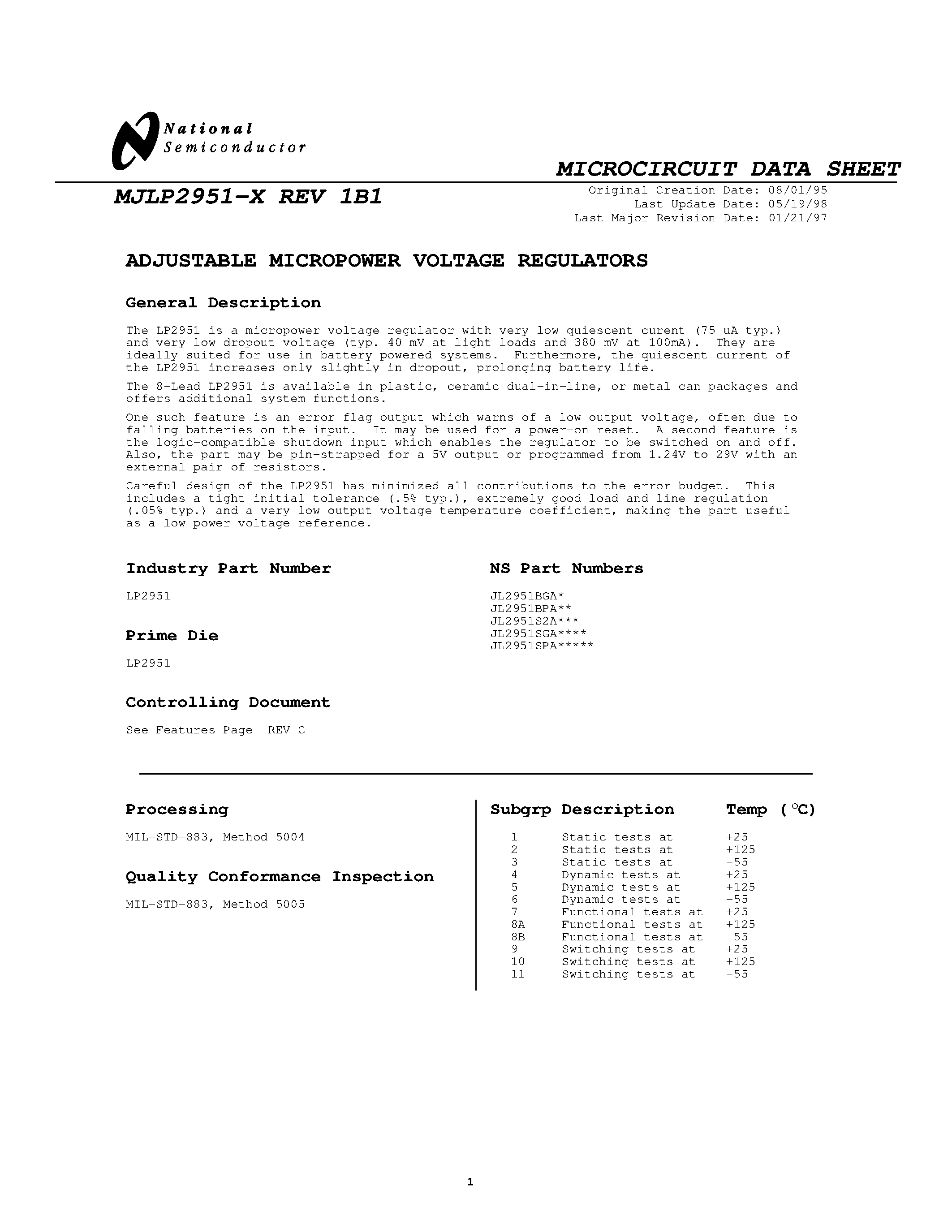 Datasheet MJLP2951-X page 1 Datasheet MJLP2951-X - ADJUSTABLE MICROPOWER VOLTAGE REGULATORS page 1