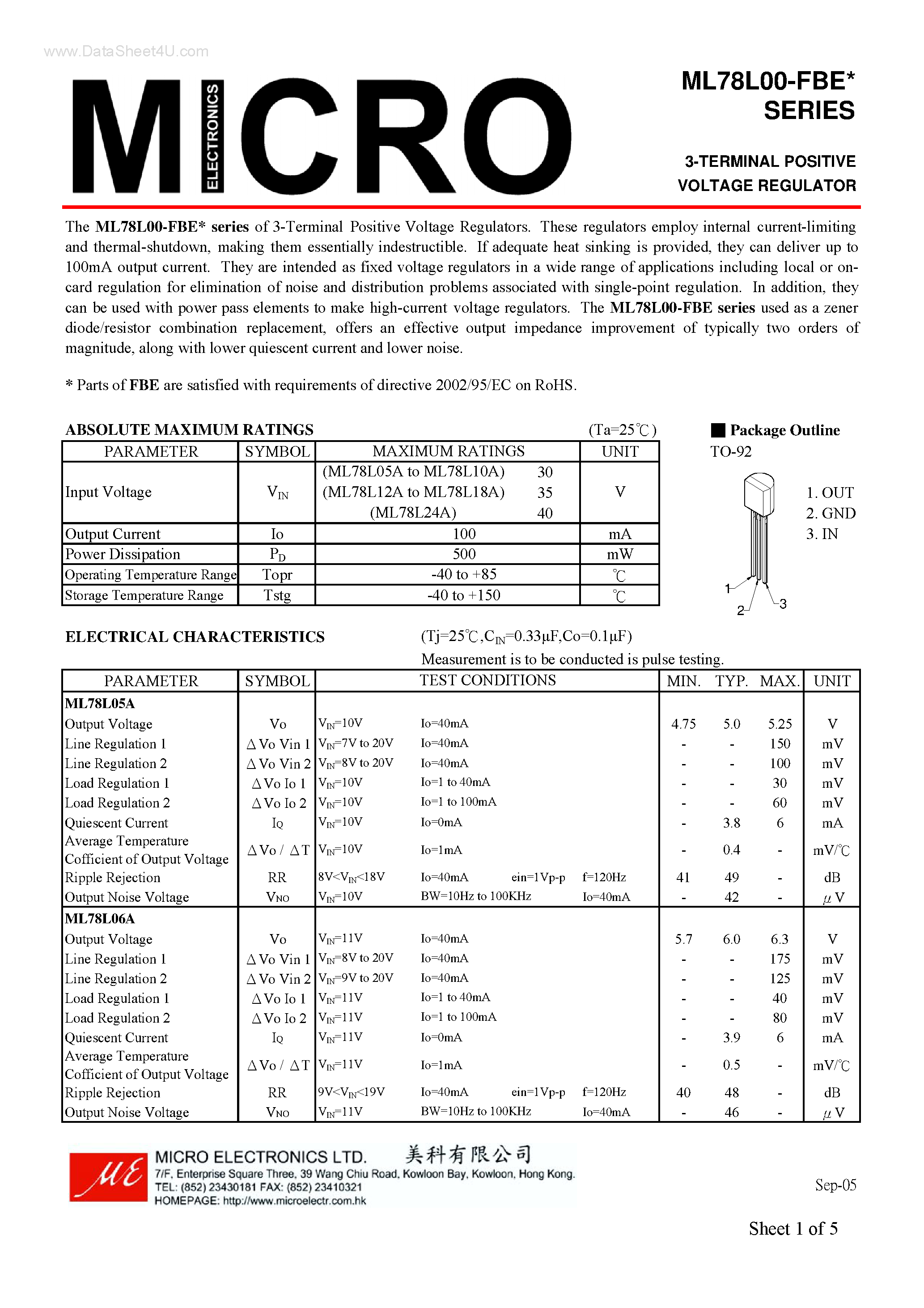 Datasheet ML78L00-FBE - 3-TERMINAL POSITIVE VOLTAGE REGULATOR page 1