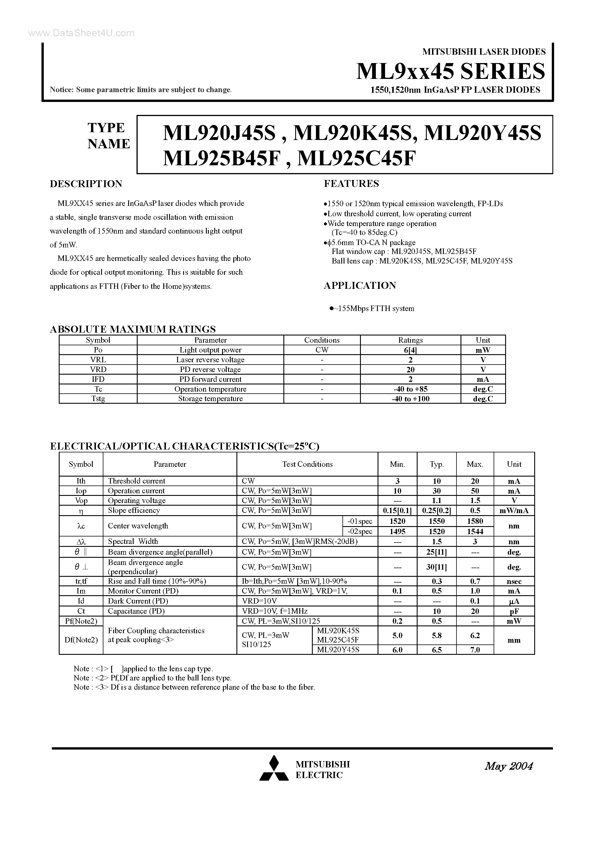 Даташит на микросхему ML920J45S страница 1 Даташит ML920J45S - (ML9xx45) InGaAsP FP LASER DIODES страница 1