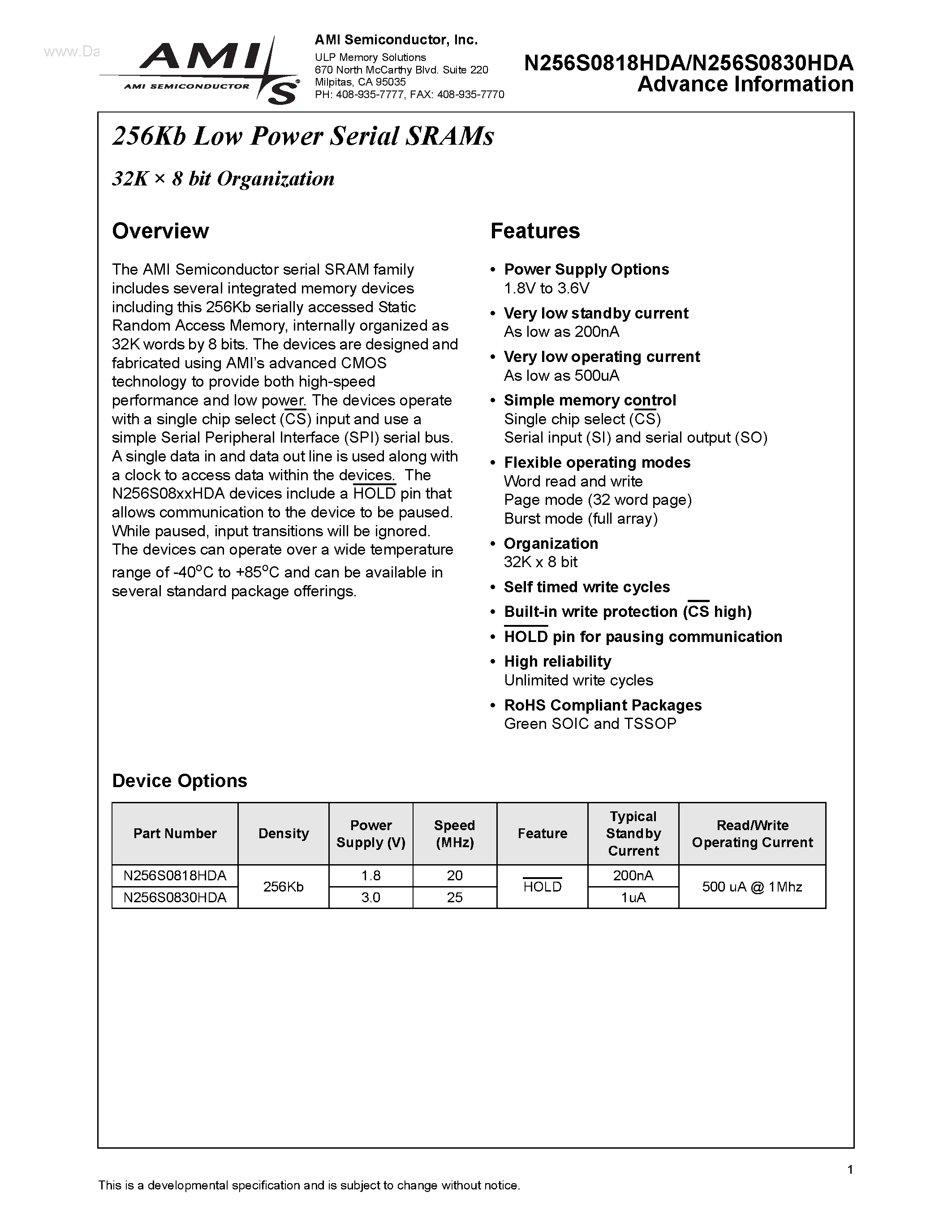 Даташит на микросхему N256S0818HDA страница 1 Даташит N256S0818HDA - (N256S0818HDA / N256S0830HDA) 256Kb Low Power Serial SRAMs 32K X 8 bit Organization страница 1