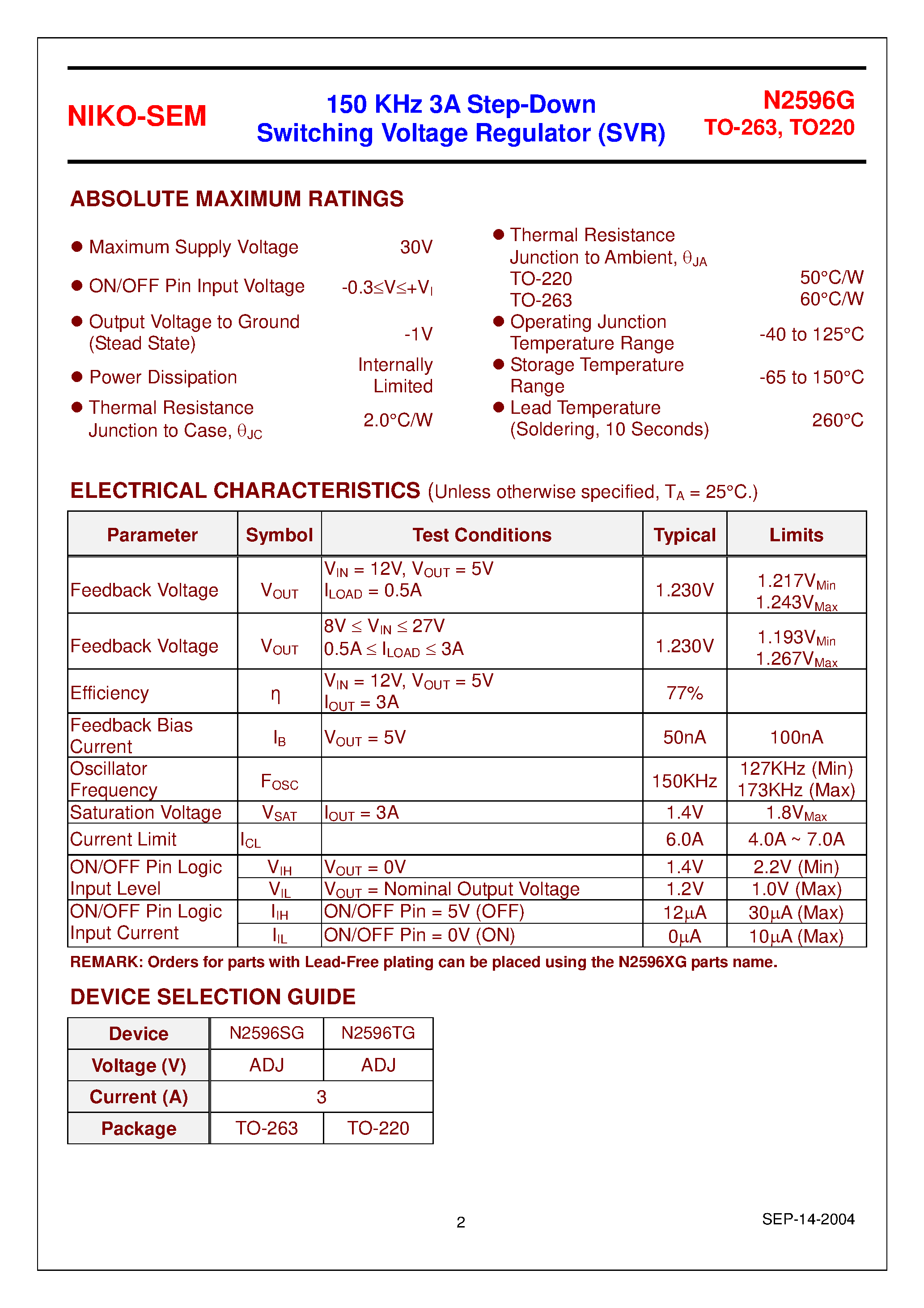 Datasheet N2596G - 3A Step-Down Switching Voltage Regulator page 2