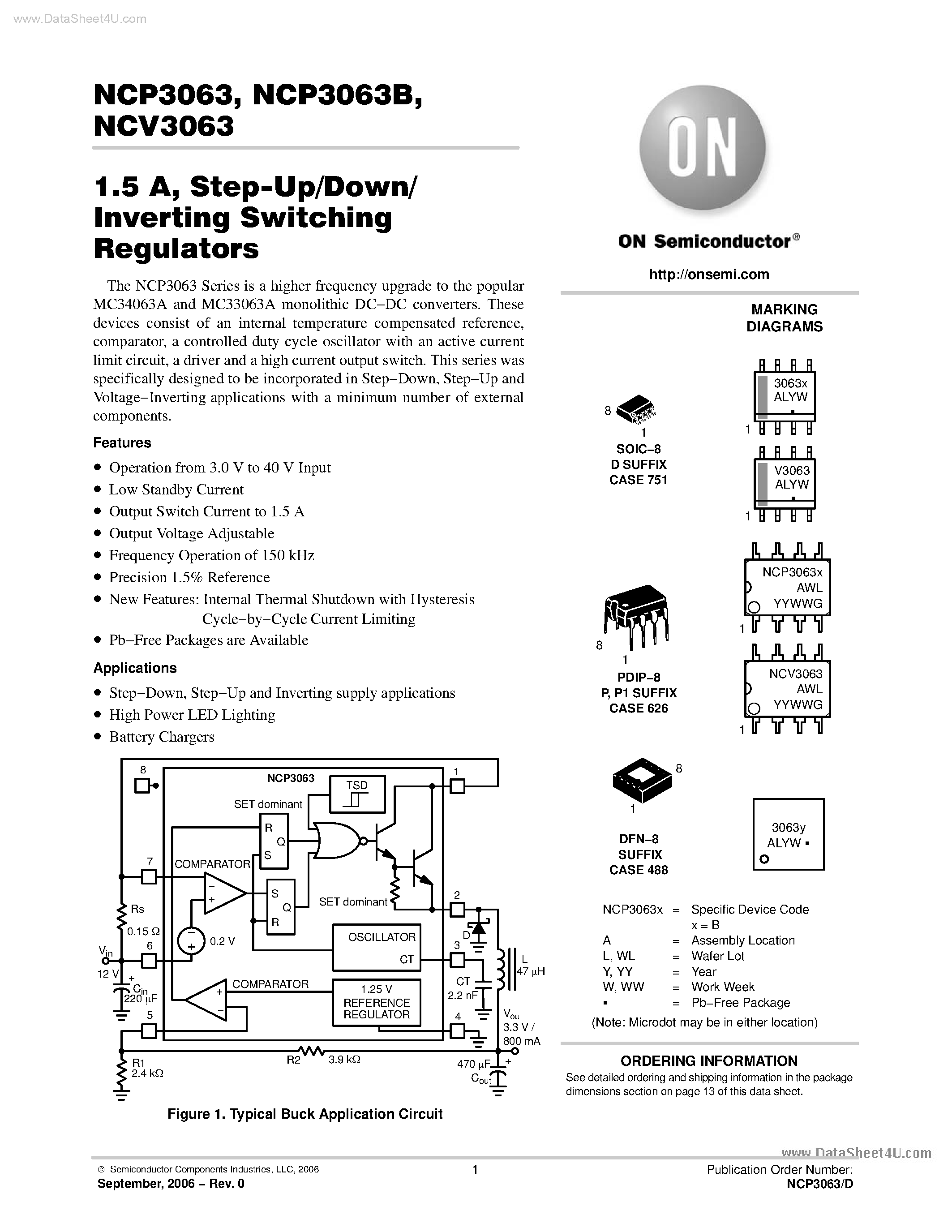 Datasheet NCP3063 page 1 Datasheet NCP3063 - Step Up/Down Inverting Switching Regulators page 1