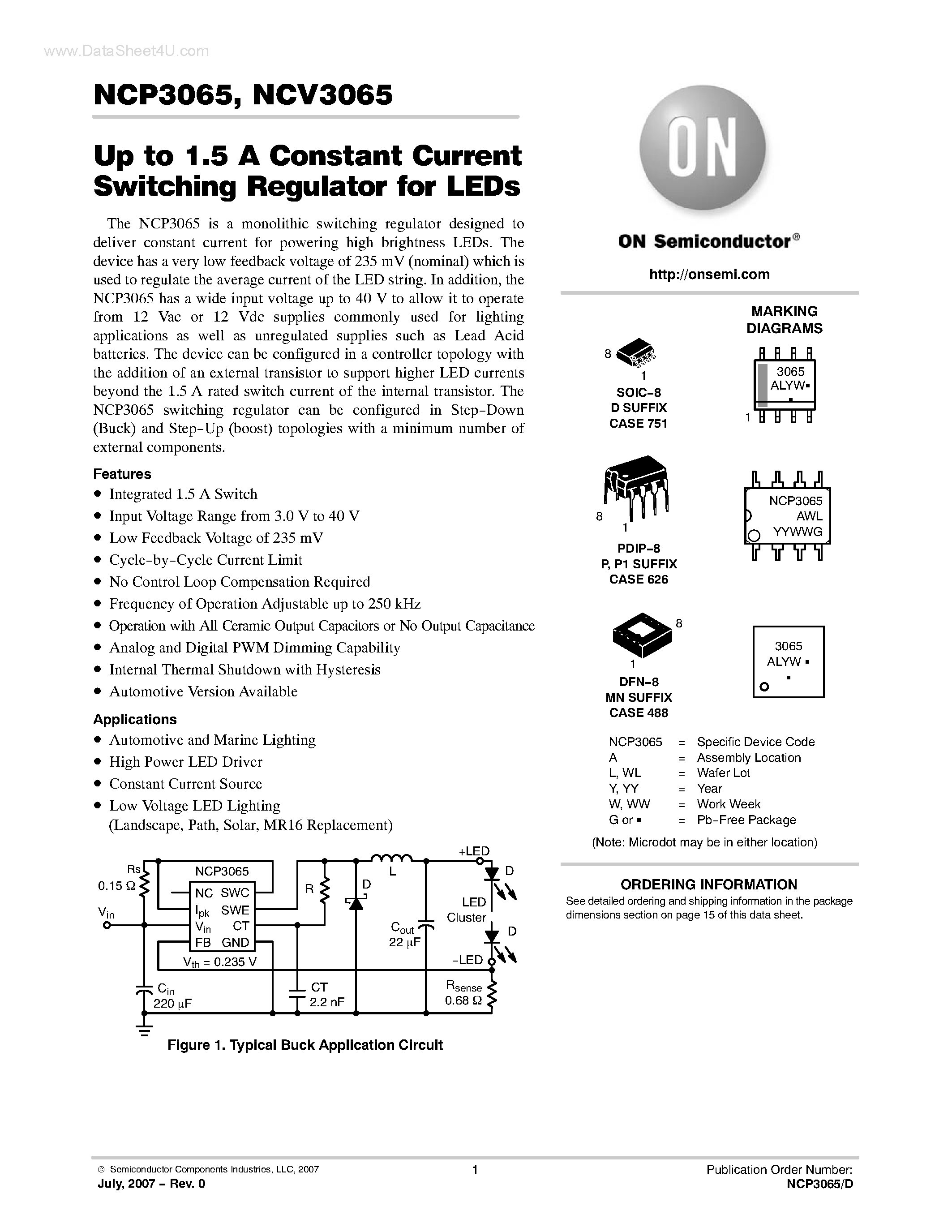 Datasheet NCP3065 - Up to 1.5 A Constant Current Switching Regulator for LEDs page 1