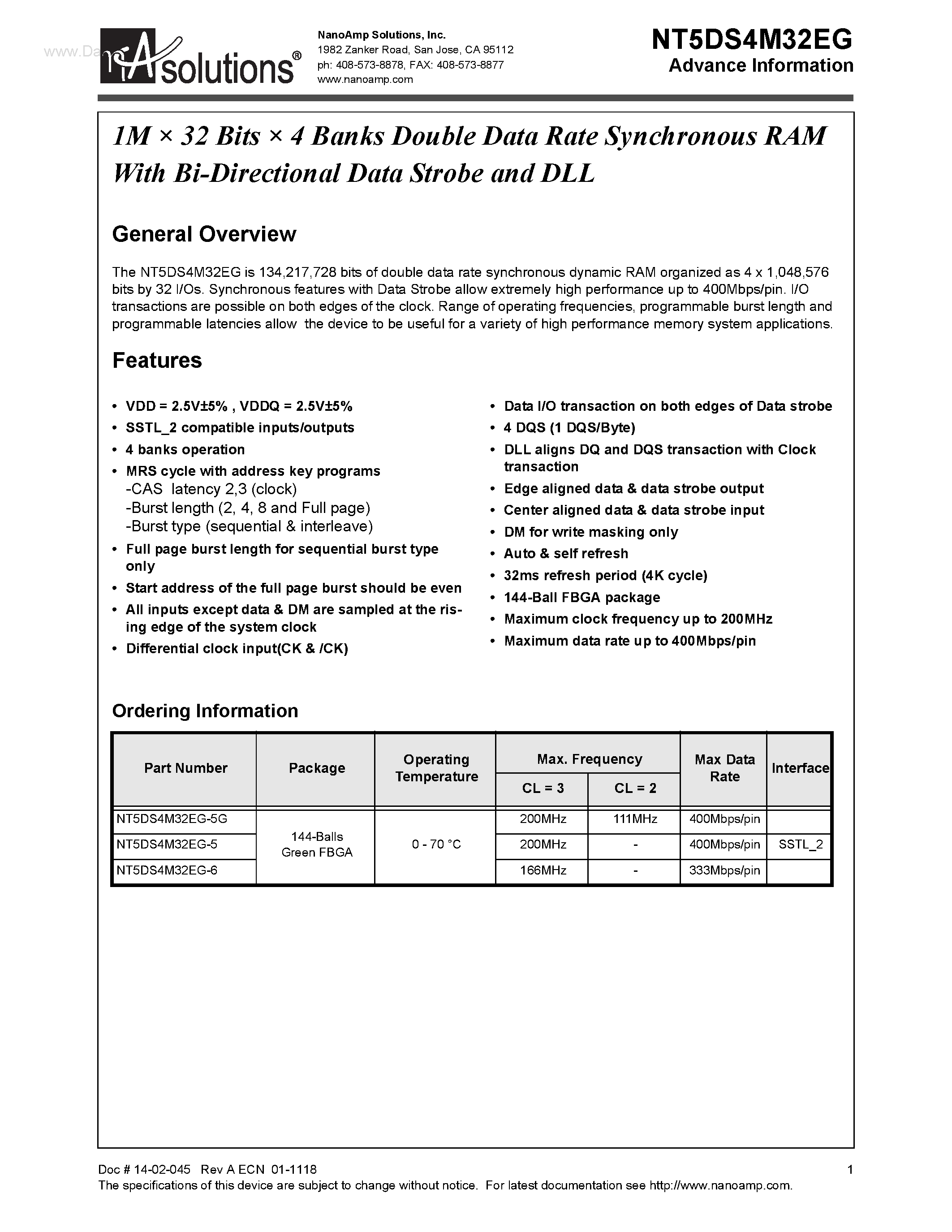Datasheet NT5DS4M32EG - 1M X 32 Bits X 4 Banks Double Data Rate Synchronous RAM page 1