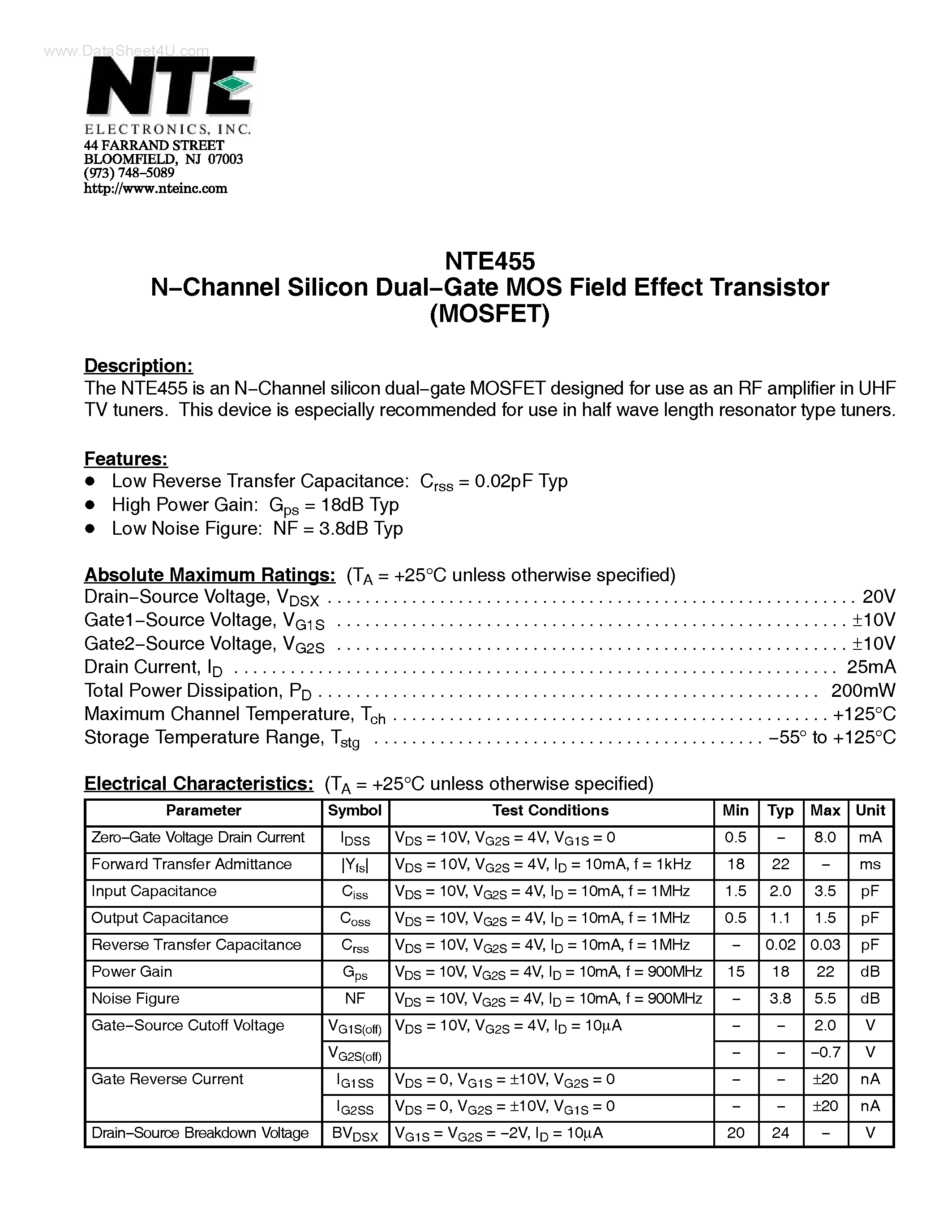 Datasheet NTE455 - N-Channel Silicon Dual-Gate MOS Field Effect Transistor page 1
