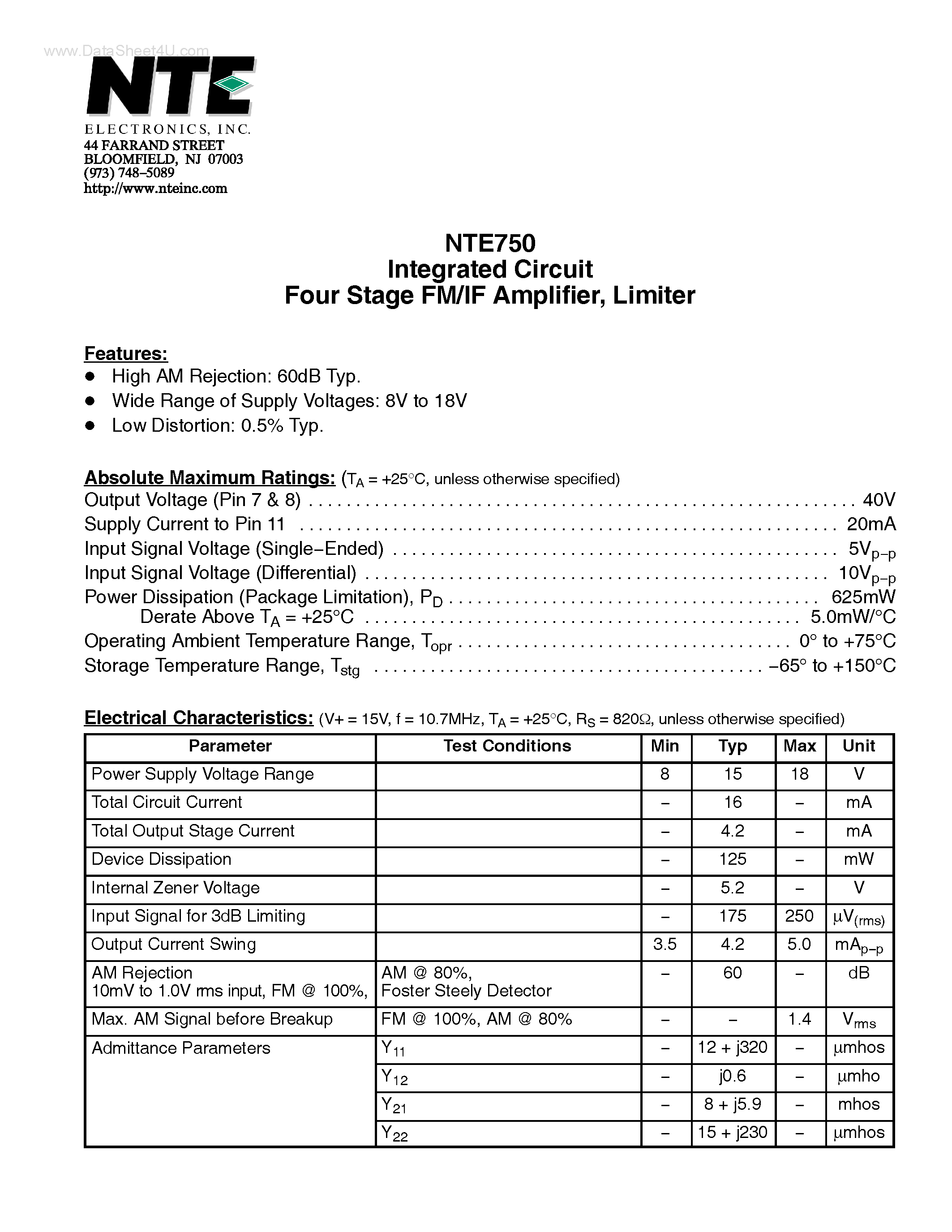 Datasheet NTE750 - Integrated Circuit Four Stage FM/IF Amplifier page 1