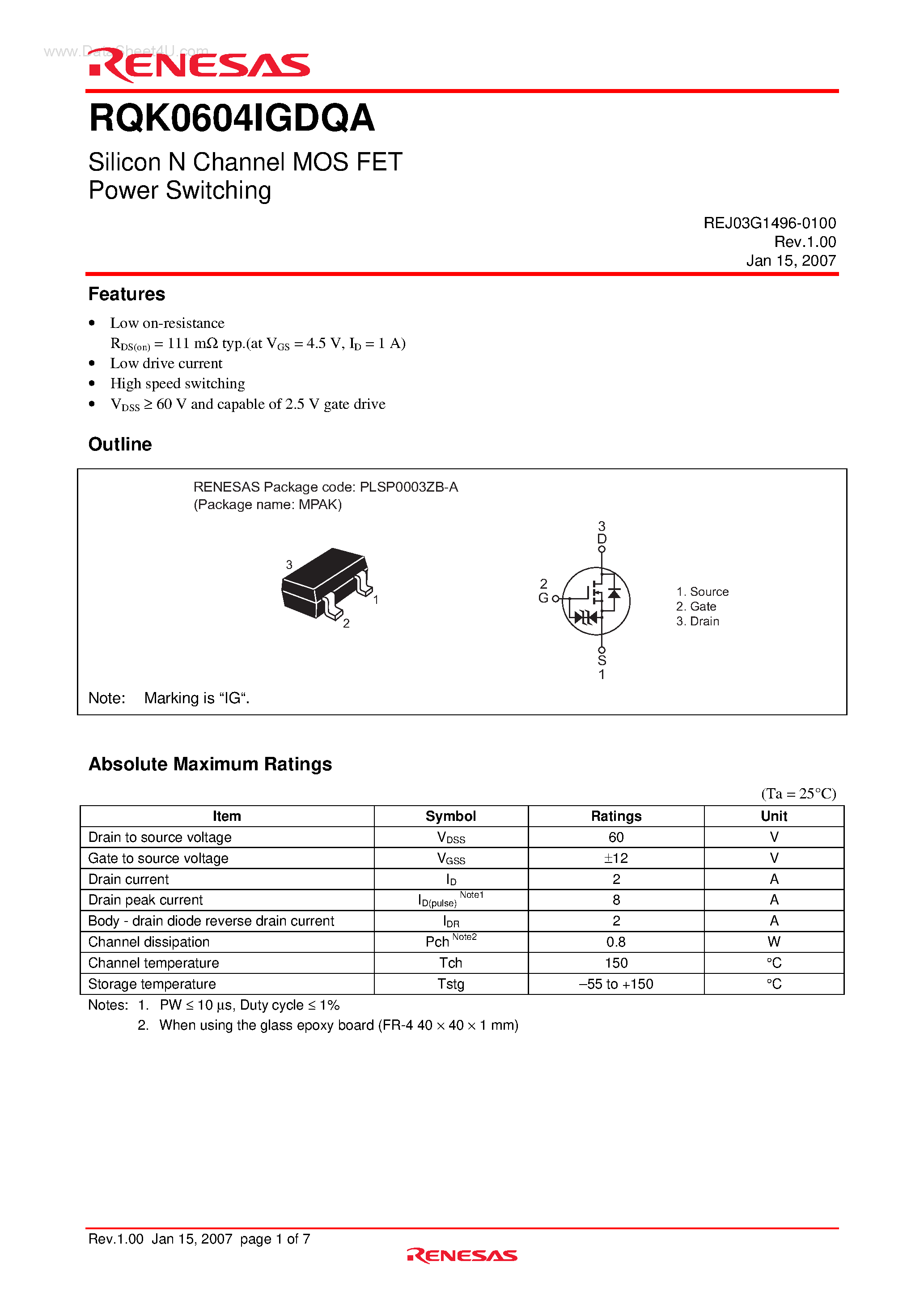 Datasheet RQK0604IGDQA page 1 Datasheet RQK0604IGDQA - Silicon N Channel MOS FET Power Switching page 1