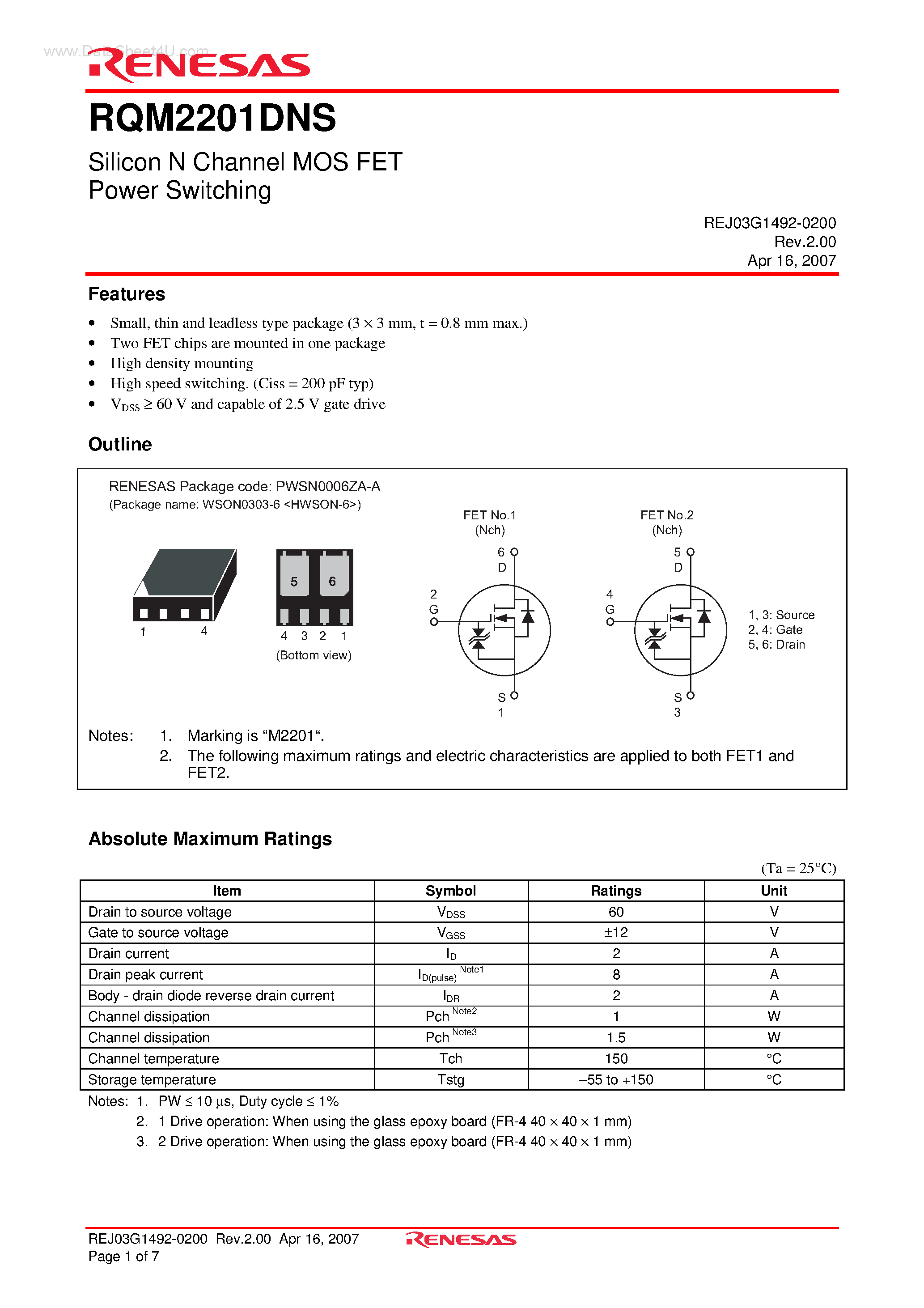 Datasheet RQM2201DNS page 1 Datasheet RQM2201DNS - Silicon N Channel MOS FET Power Switching page 1
