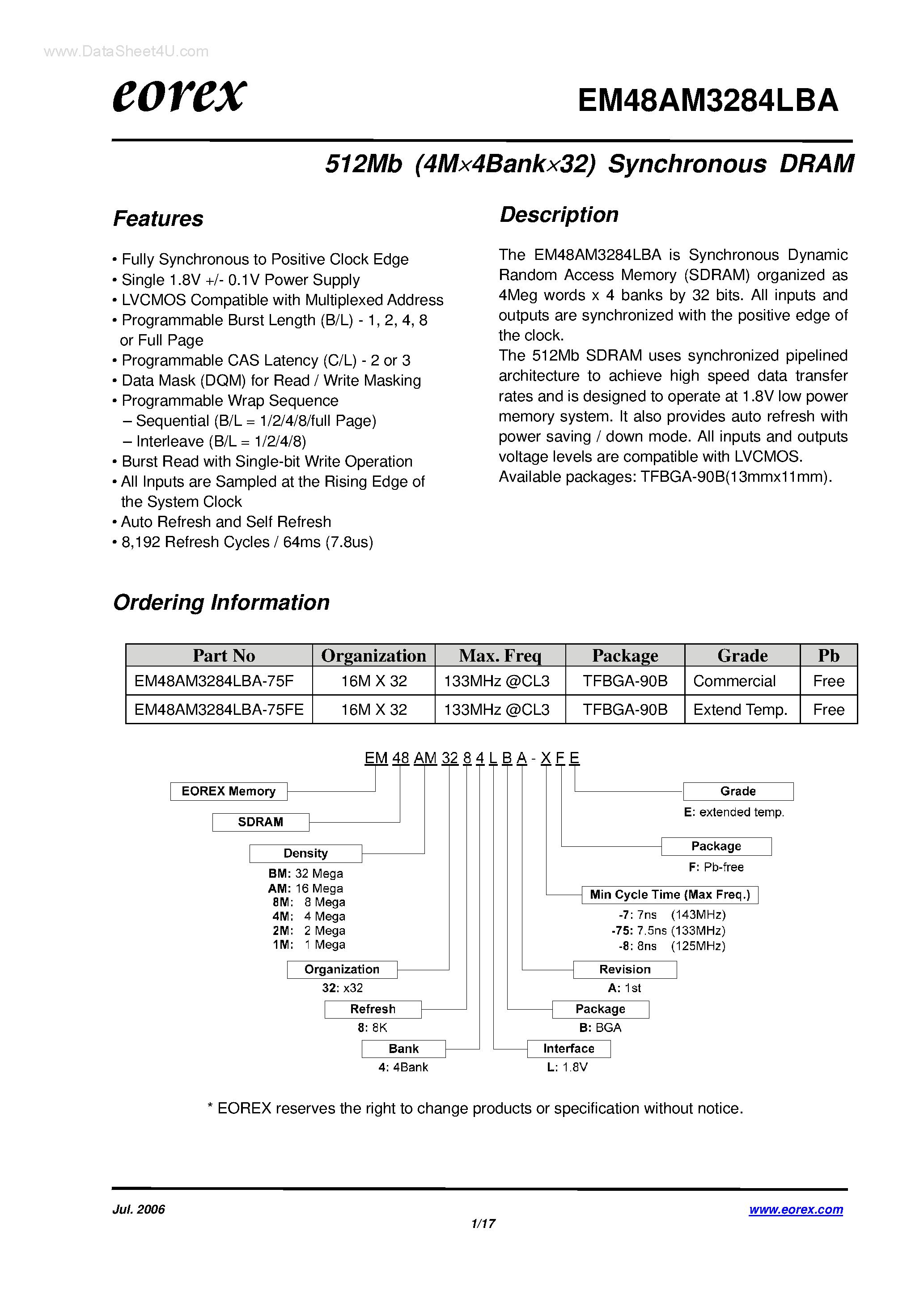 Datasheet EM48AM3284LBA - 512Mb (4M X 4Bank X 32) Synchronous DRAM page 1