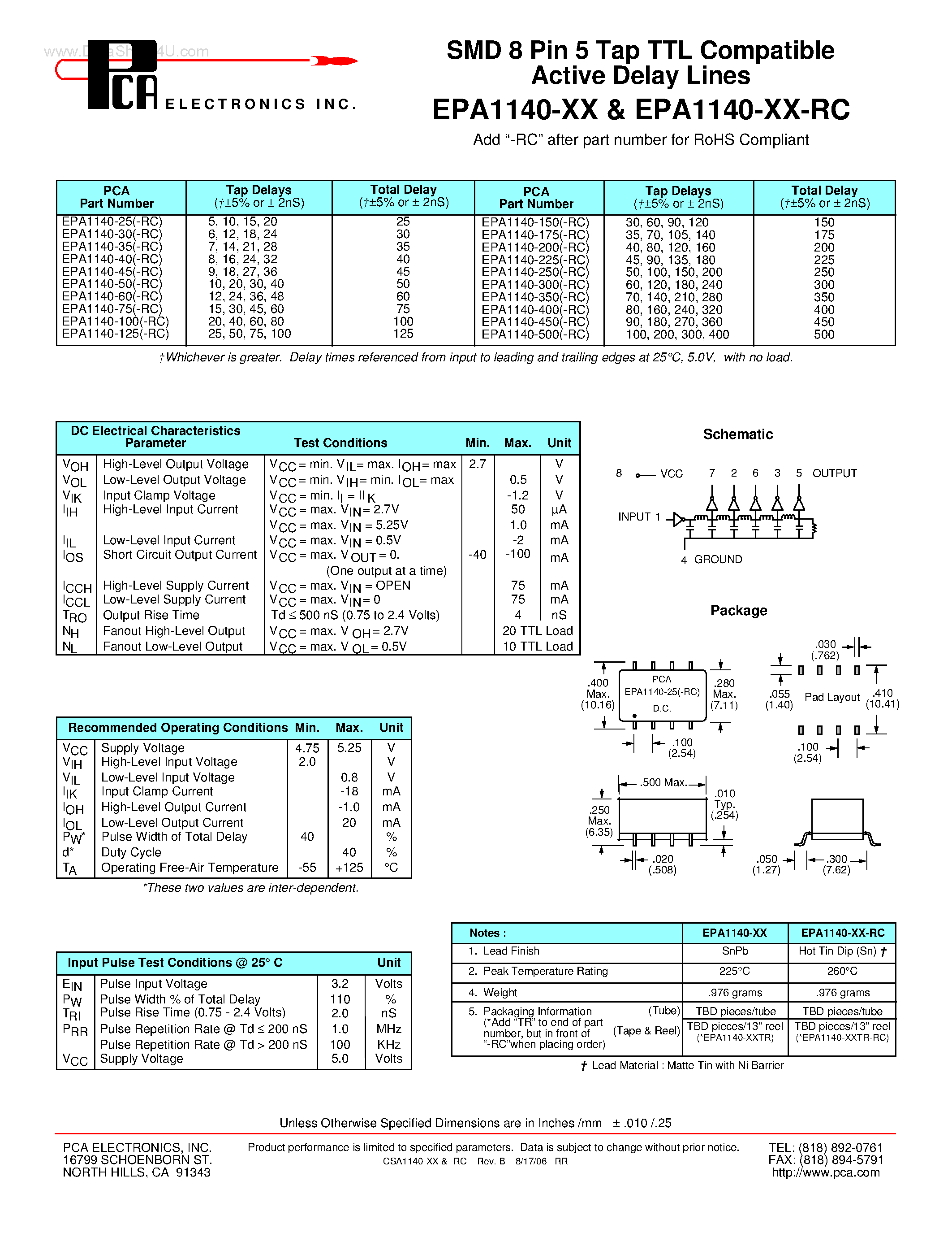 Даташит EPA1140-xx-RC - SMD 8 Pin 5 Tap TTL Compatible Active Delay Lines страница 1