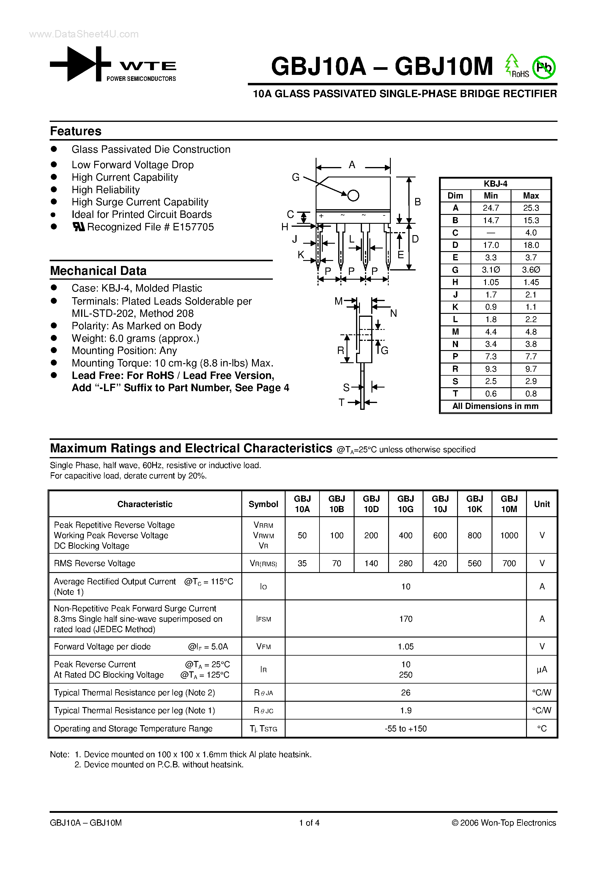 Datasheet GBJ10A page 1 Datasheet GBJ10A - (GBJ10A - GBJ10M) 10A GLASS PASSIVATED SINGLE-PHASE BRIDGE RECTIFIER page 1