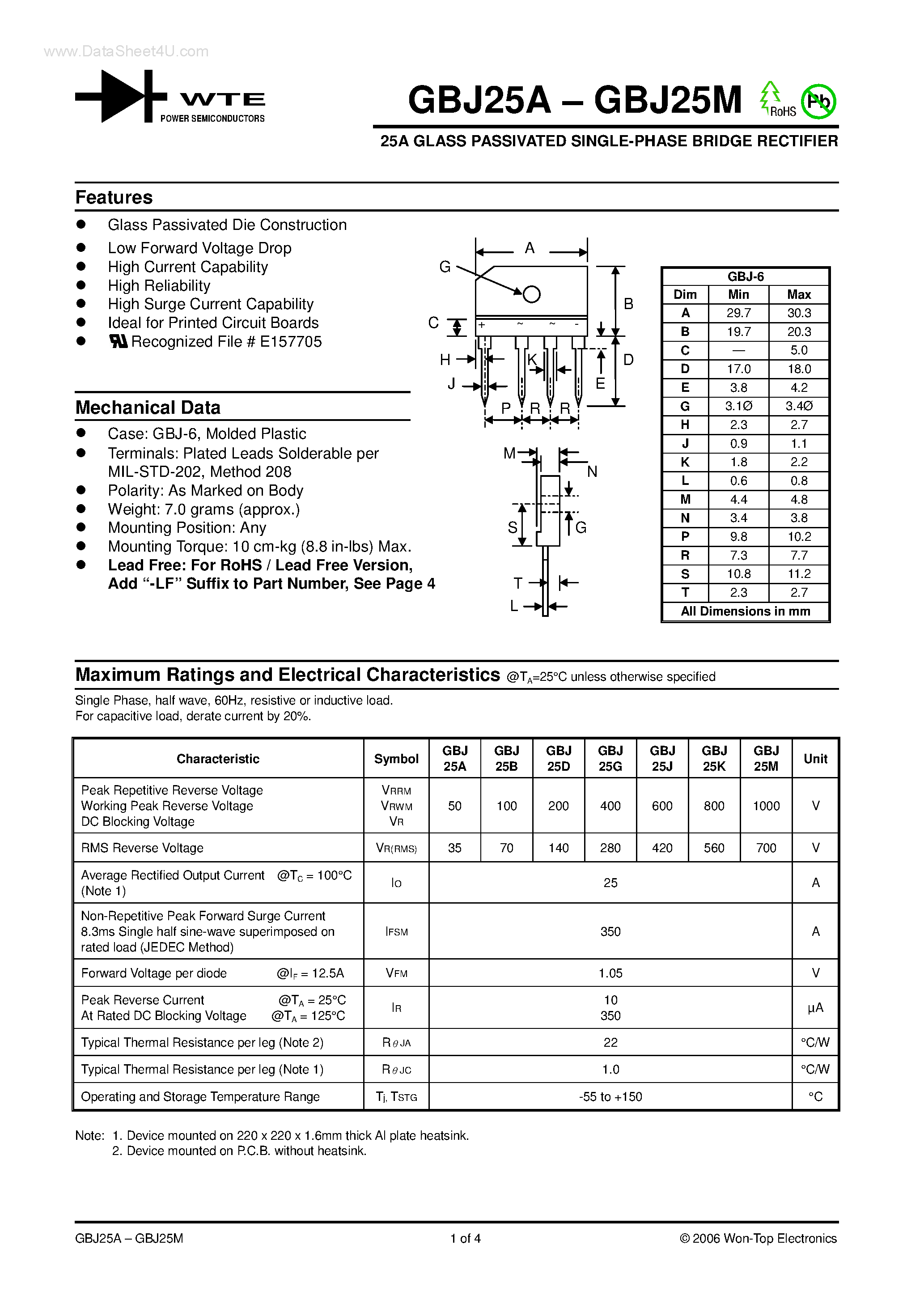Datasheet GBJ25A page 1 Datasheet GBJ25A - (GBJ25A - GBJ25M) 25A GLASS PASSIVATED SINGLE-PHASE BRIDGE RECTIFIER page 1