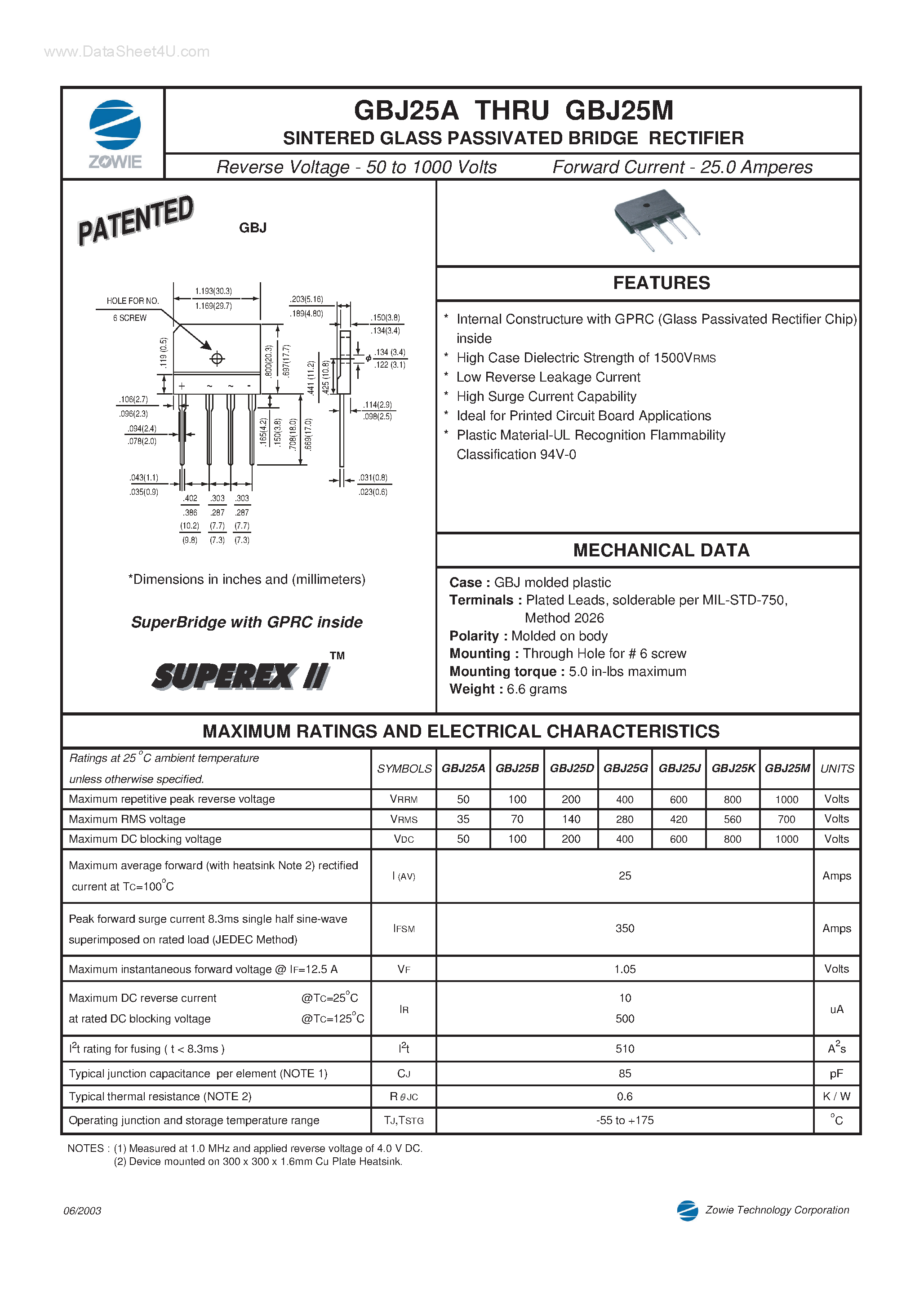 Datasheet GBJ25A page 1 Datasheet GBJ25A - (GBJ25A - GBJ25M) SINTERED GLASS PASSIVATED BRIDGE RECTIFIER page 1