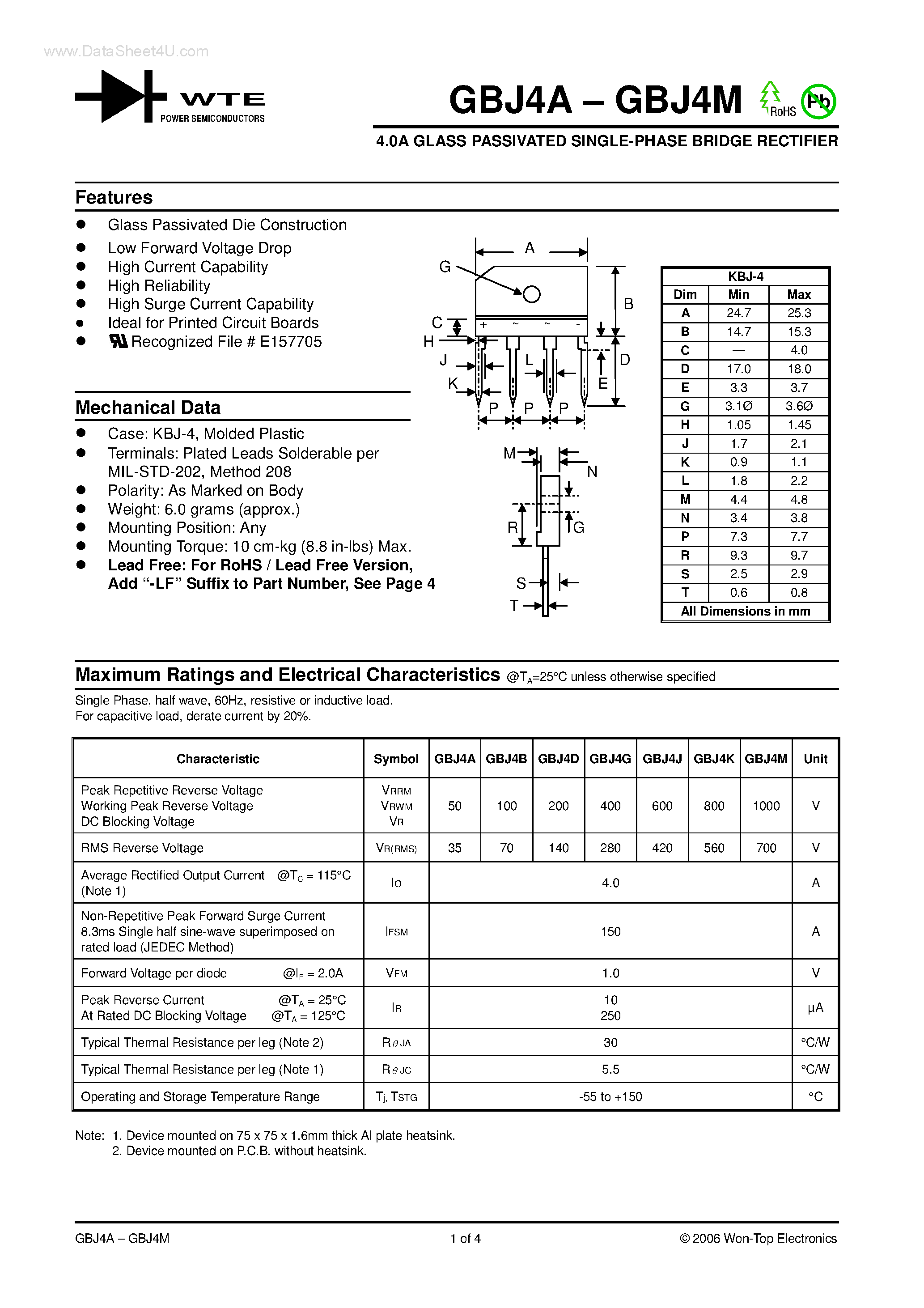 Даташит GBJ4A - (GBJ4A - GBJ4M) 4.0A GLASS PASSIVATED SINGLE-PHASE BRIDGE RECTIFIER страница 1