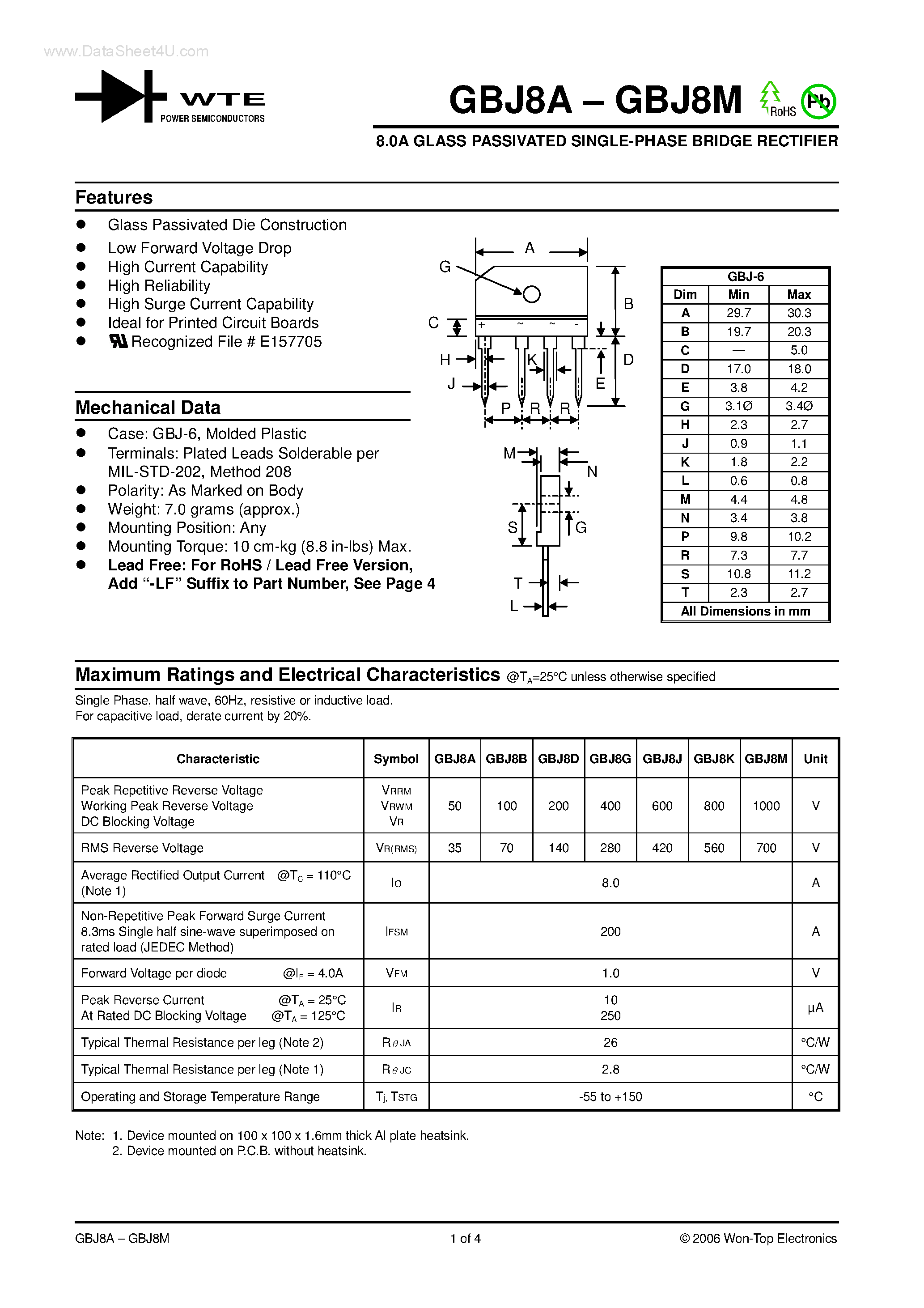 Datasheet GBJ8A - (GBJ8A - GBJ8M) 8.0A GLASS PASSIVATED SINGLE-PHASE BRIDGE RECTIFIER page 1