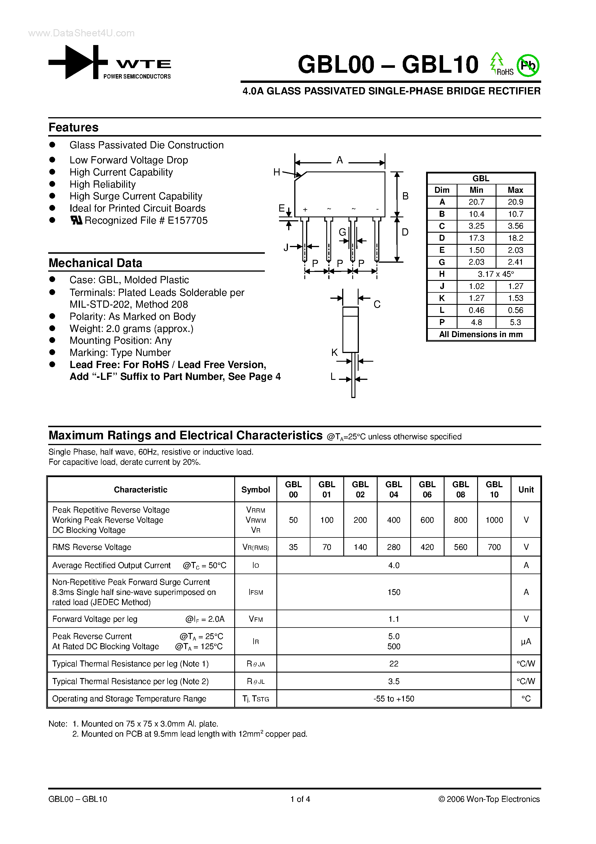 Даташит GBL00 - (GBL00 - GBL10) 4.0A GLASS PASSIVATED SINGLE-PHASE BRIDGE RECTIFIER страница 1