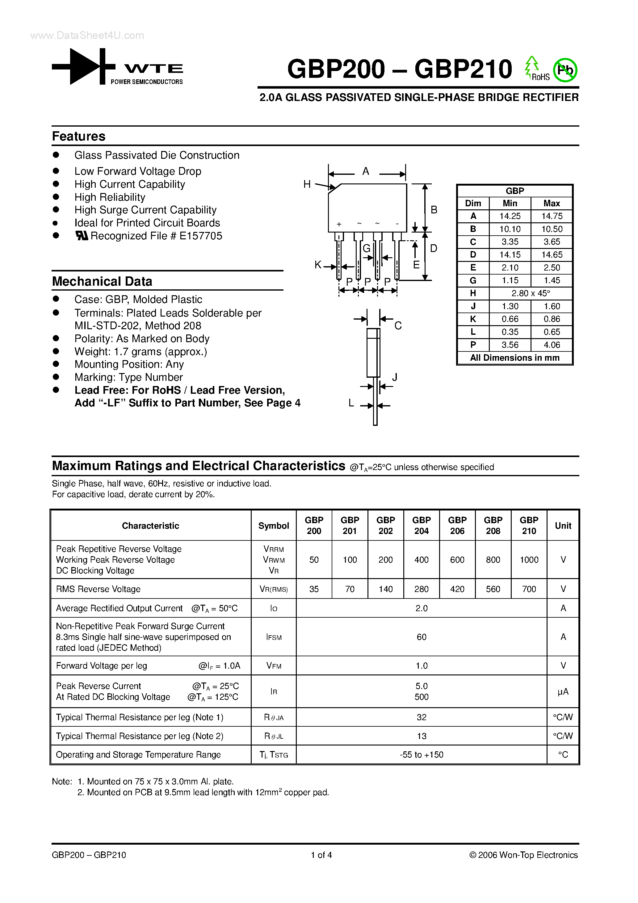 Даташит на микросхему GBP200 страница 1 Даташит GBP200 - (GBP200 - GBP210) 2.0A GLASS PASSIVATED SINGLE-PHASE BRIDGE RECTIFIER страница 1