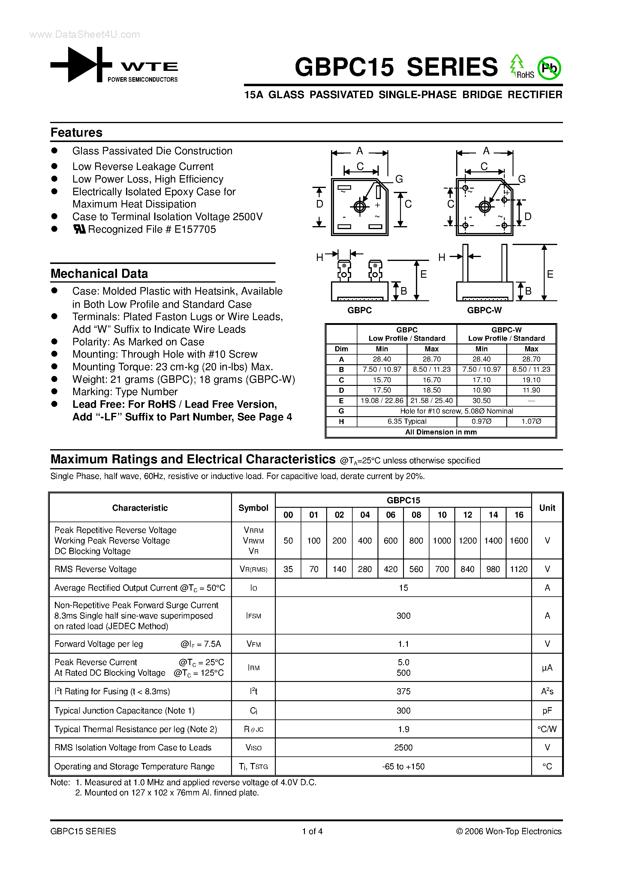 Datasheet GBPC1500 - 15A GLASS PASSIVATED SINGLE-PHASE BRIDGE RECTIFIER page 1