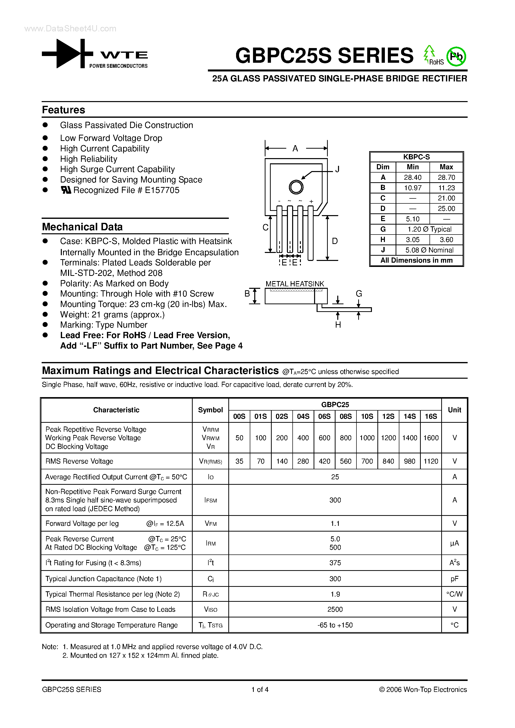 Datasheet GBPC2500S page 1 Datasheet GBPC2500S - 25A GLASS PASSIVATED SINGLE-PHASE BRIDGE RECTIFIER page 1