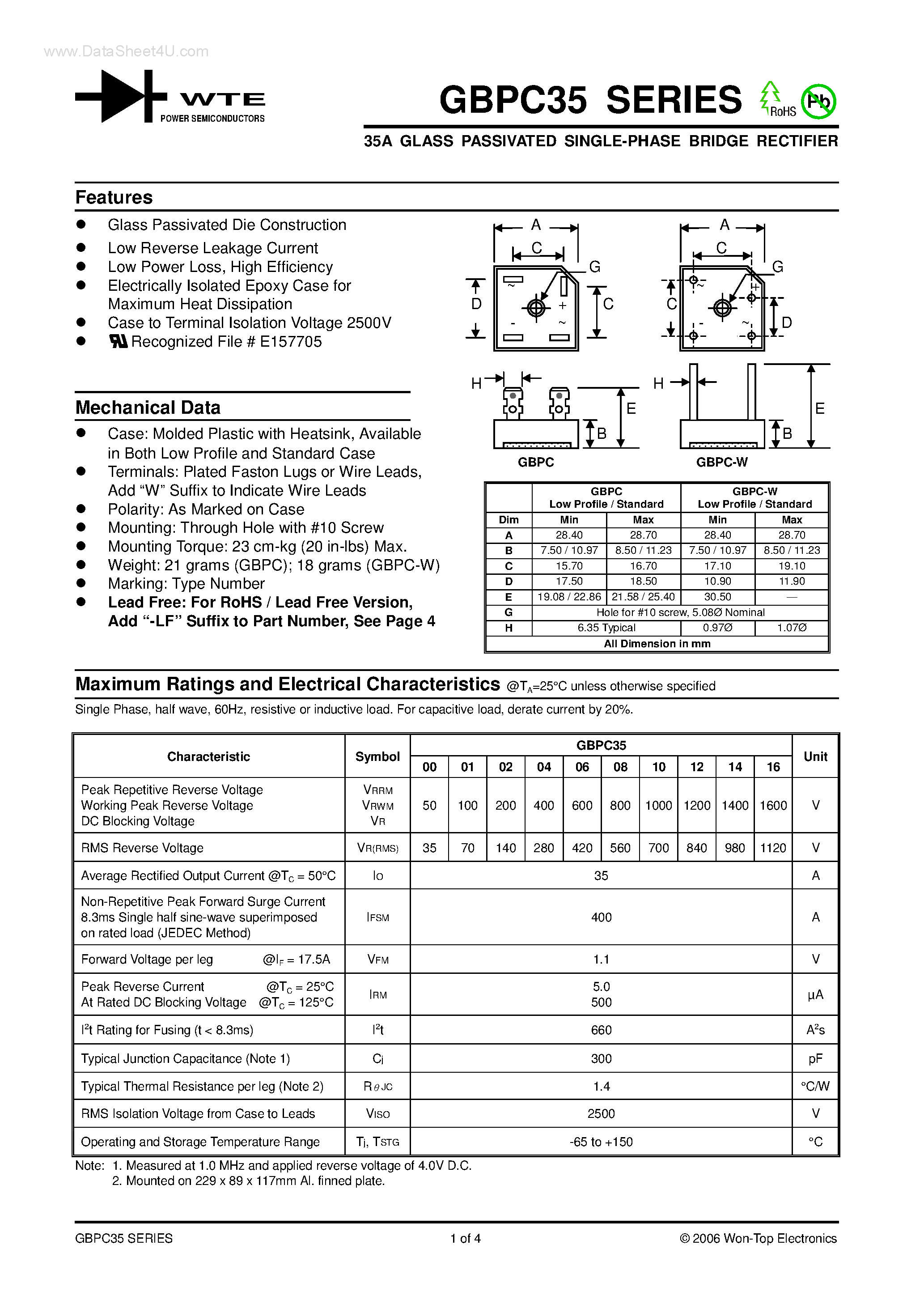 Datasheet GBPC3500 page 1 Datasheet GBPC3500 - 35A GLASS PASSIVATED SINGLE-PHASE BRIDGE RECTIFIER page 1