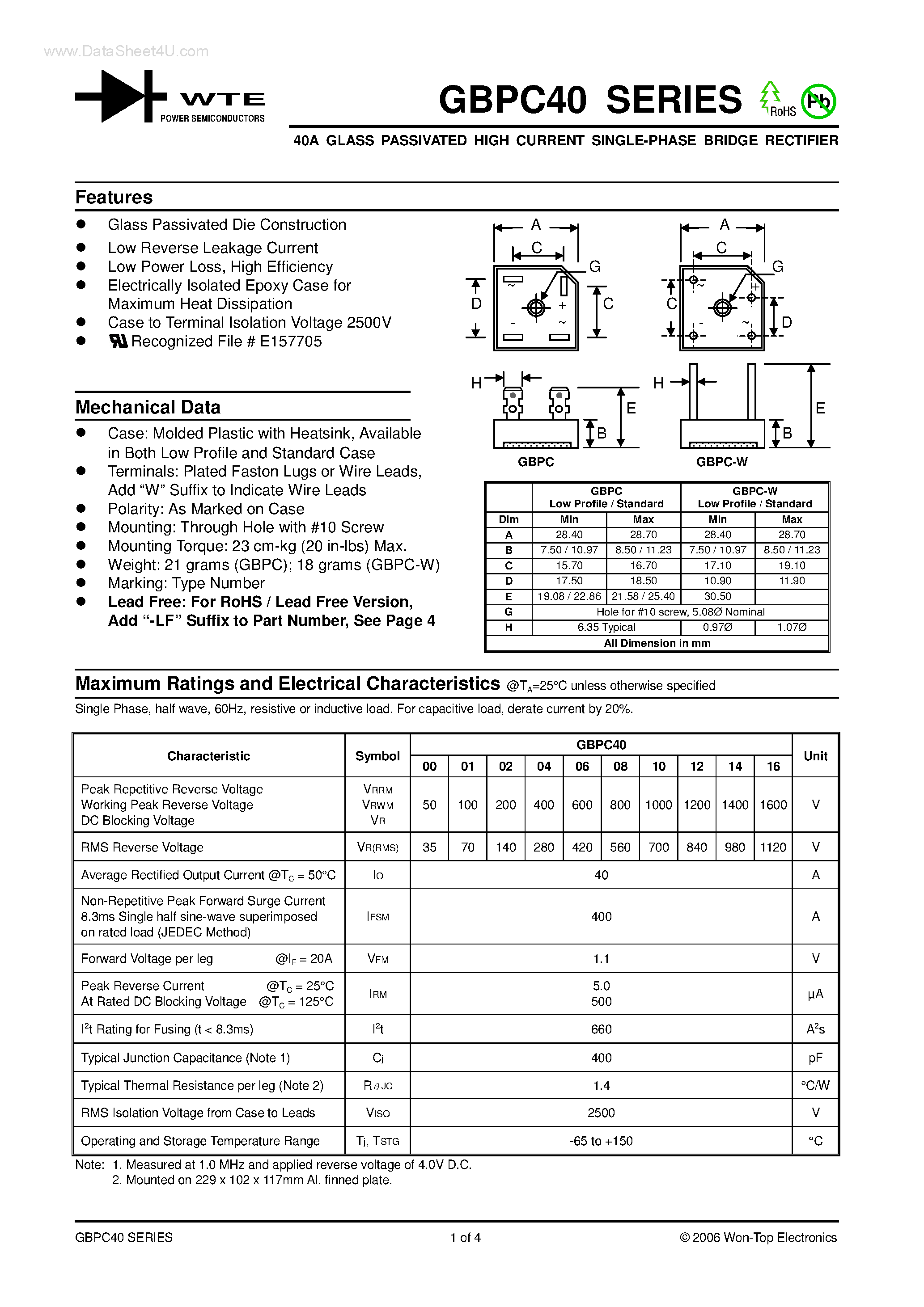 Datasheet GBPC4000 page 1 Datasheet GBPC4000 - 40A GLASS PASSIVATED HIGH CURRENT SINGLE-PHASE BRIDGE RECTIFIER page 1