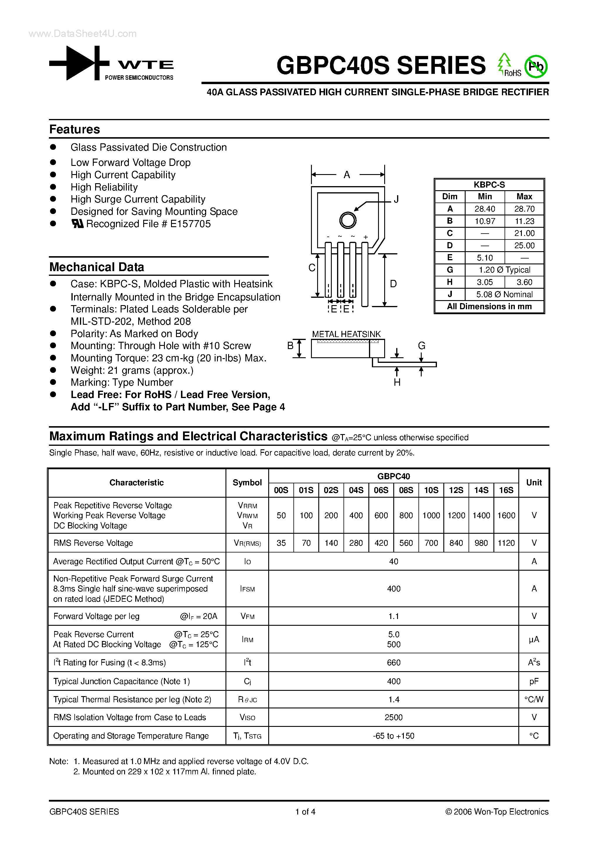 Datasheet GBPC4000S page 1 Datasheet GBPC4000S - 40A GLASS PASSIVATED HIGH CURRENT SINGLE-PHASE BRIDGE RECTIFIER page 1