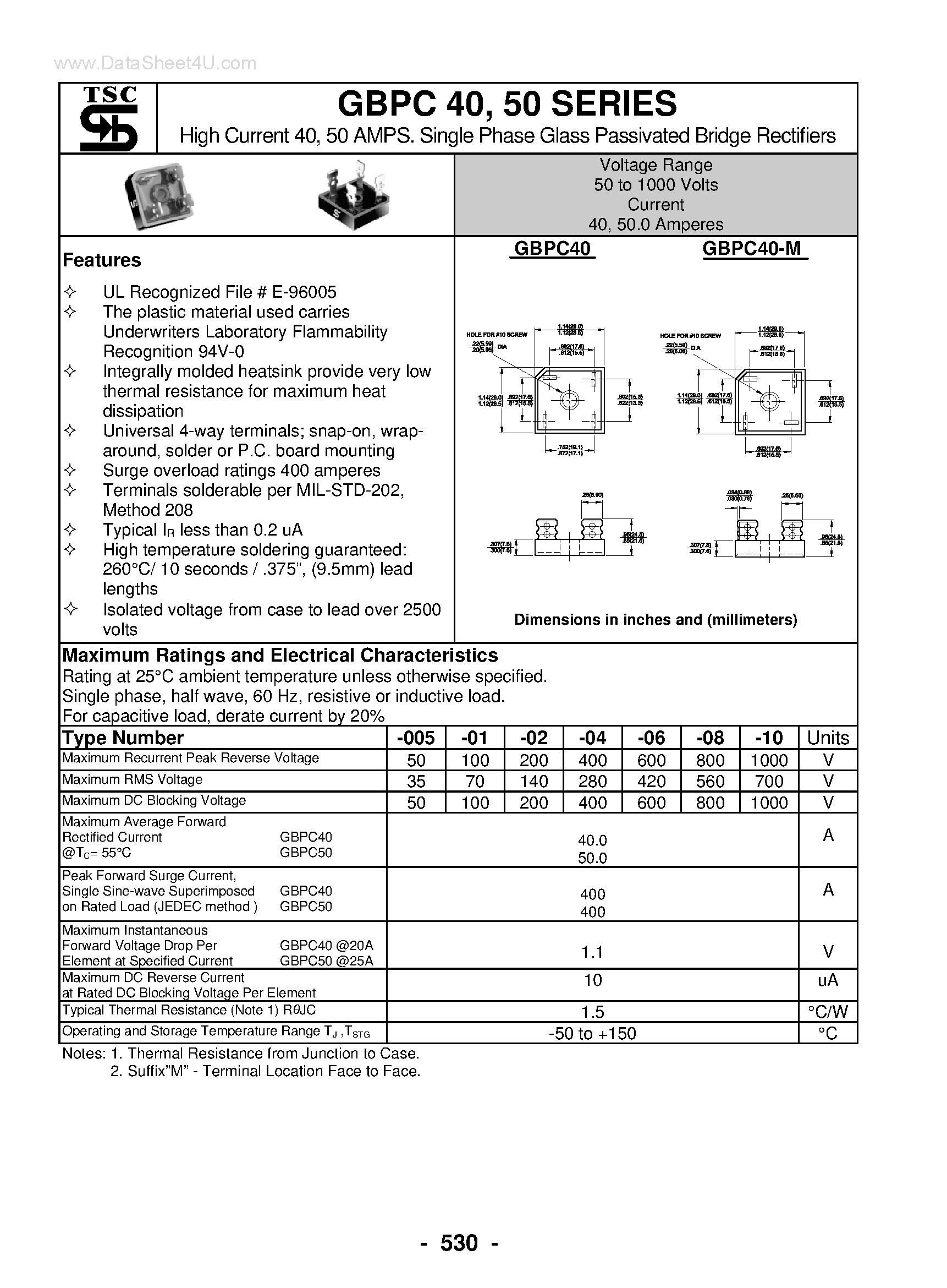 Datasheet GBPC40005 - (GBPC40 / GBPC50) Single Phase Glass Passivated Bridge Rectifiers page 1